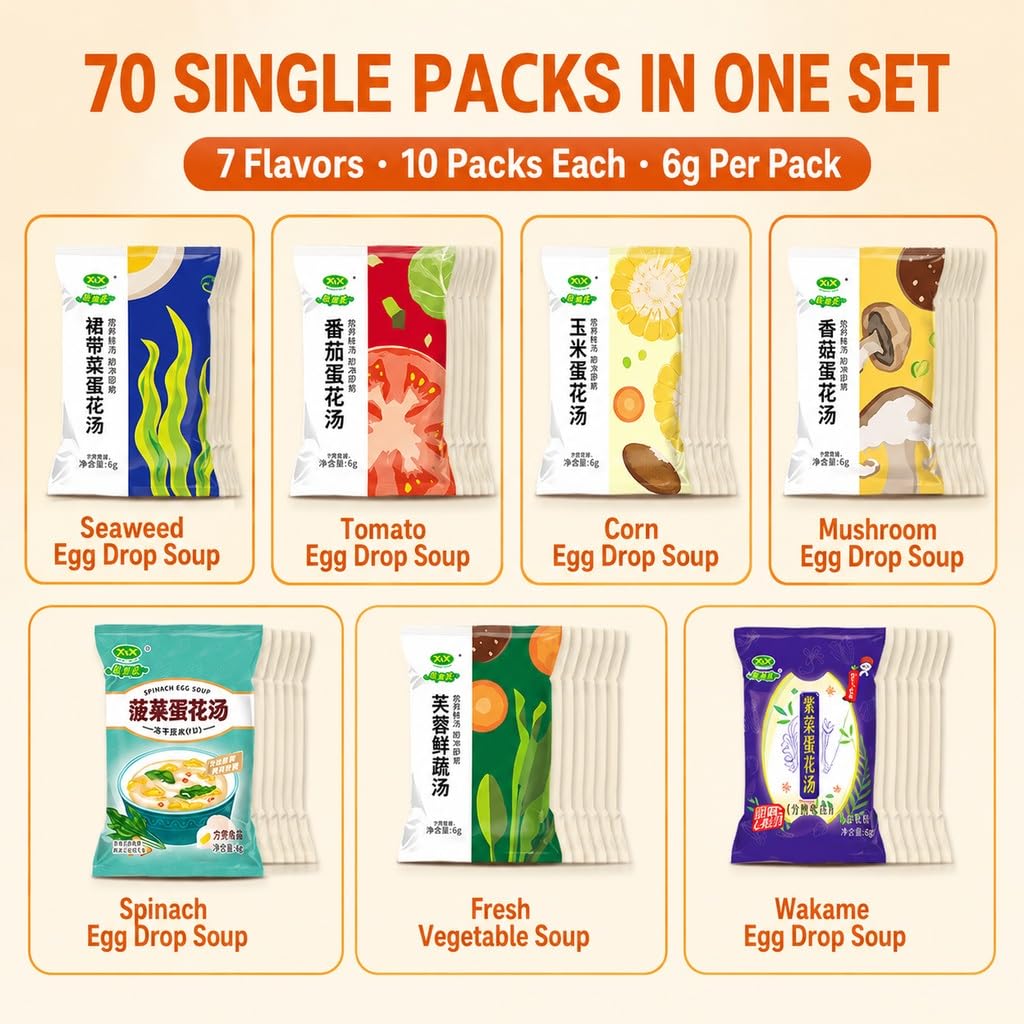 Mezcla De Sopa Instantánea Huevo 7 Sabores (0.21 Oz X 10 Bolsas Cada Una) | Liofilizado, No Frito, Preparación Rápida