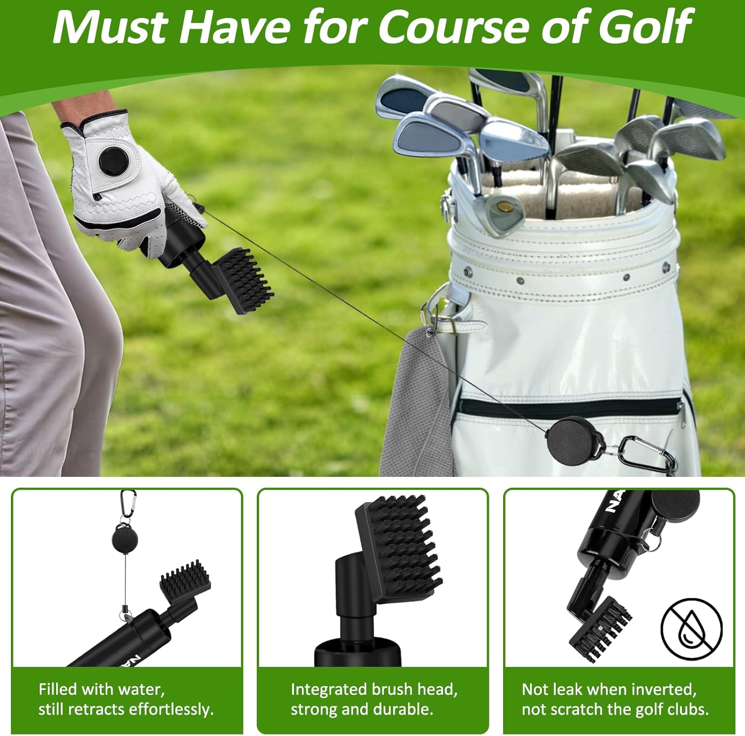Golf Towel and Brush Set, Premium Golf Towel(16x16 inch) & Club Brush Cleaner with Retainer Clip and Squeeze Water Bottle, Essentials Golf Accessories for Men - Image 4