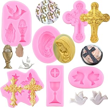 ZiXiang Cross Silicone Mold Communion Chalice Dove Fondant Molds Baptism Cake Mold For Baptism Party Cake Decorating Cupcake Topper Polymer Clay Candy Chocolate Gum Paste Set Of 6