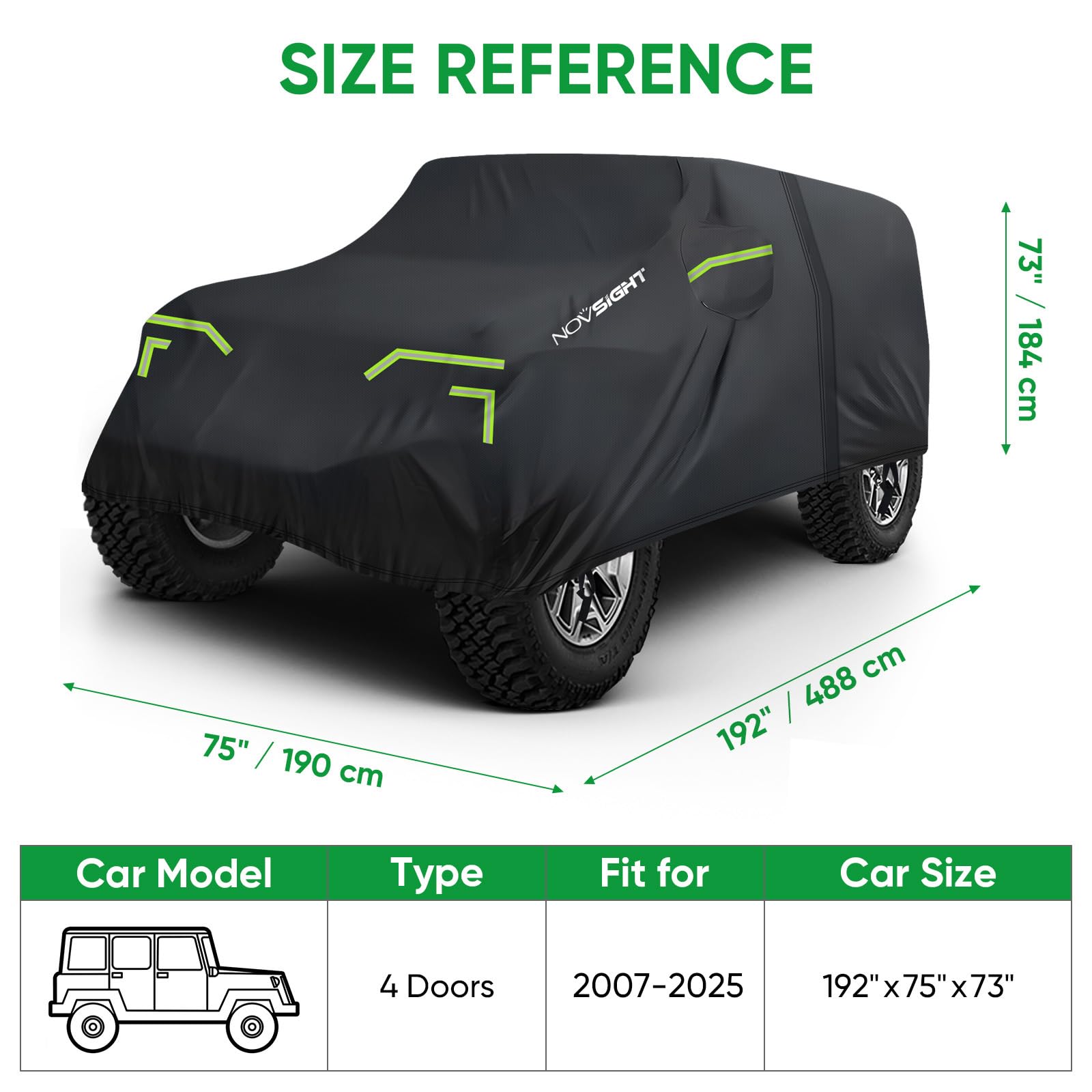 NOVSIGHT Car Cover for Jeep Wrangler 4 Door - Waterproof All Weather Outdoor Cover 2007 2025 JKU JL — view 8