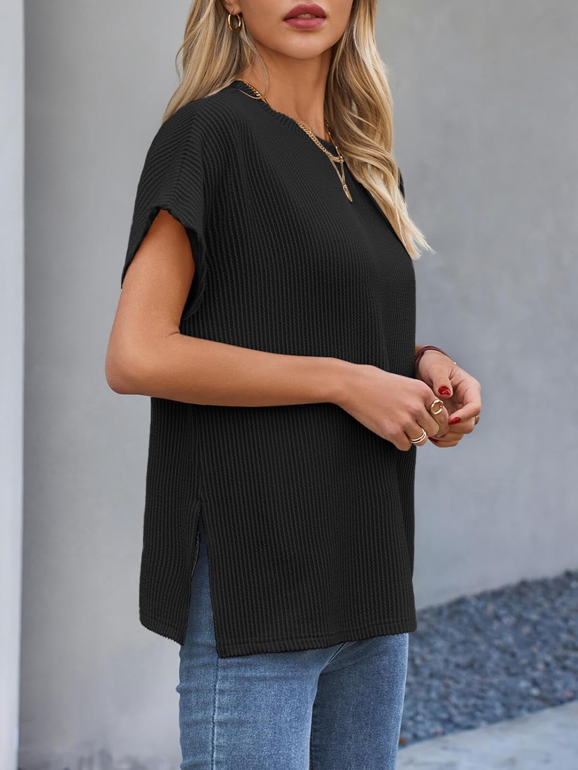 Tankaneo Womens Oversized Short Cap Sleeve Tunic Tops Summer Casual Textured Ribbed Knit T-Shirts Loose Fit Tees - Image 7