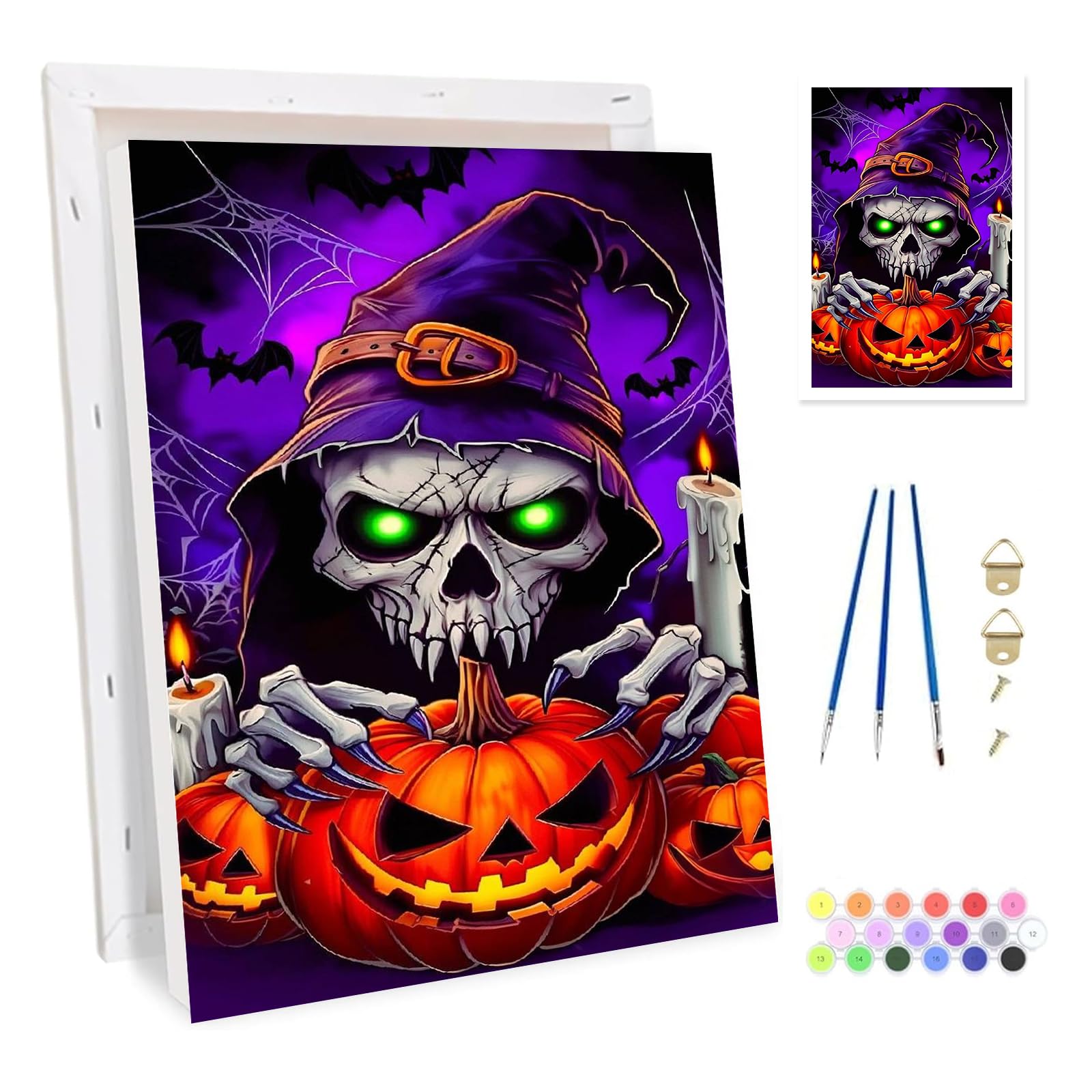 Bowetile Framed Skeleton Paint by Numbers for Adults Canvas, Pumpkin Painting by Numbers Kit for Beginners Canvas, DIY Color Oil Painting Acrylic Paints for Home Wall Decor20x30cm