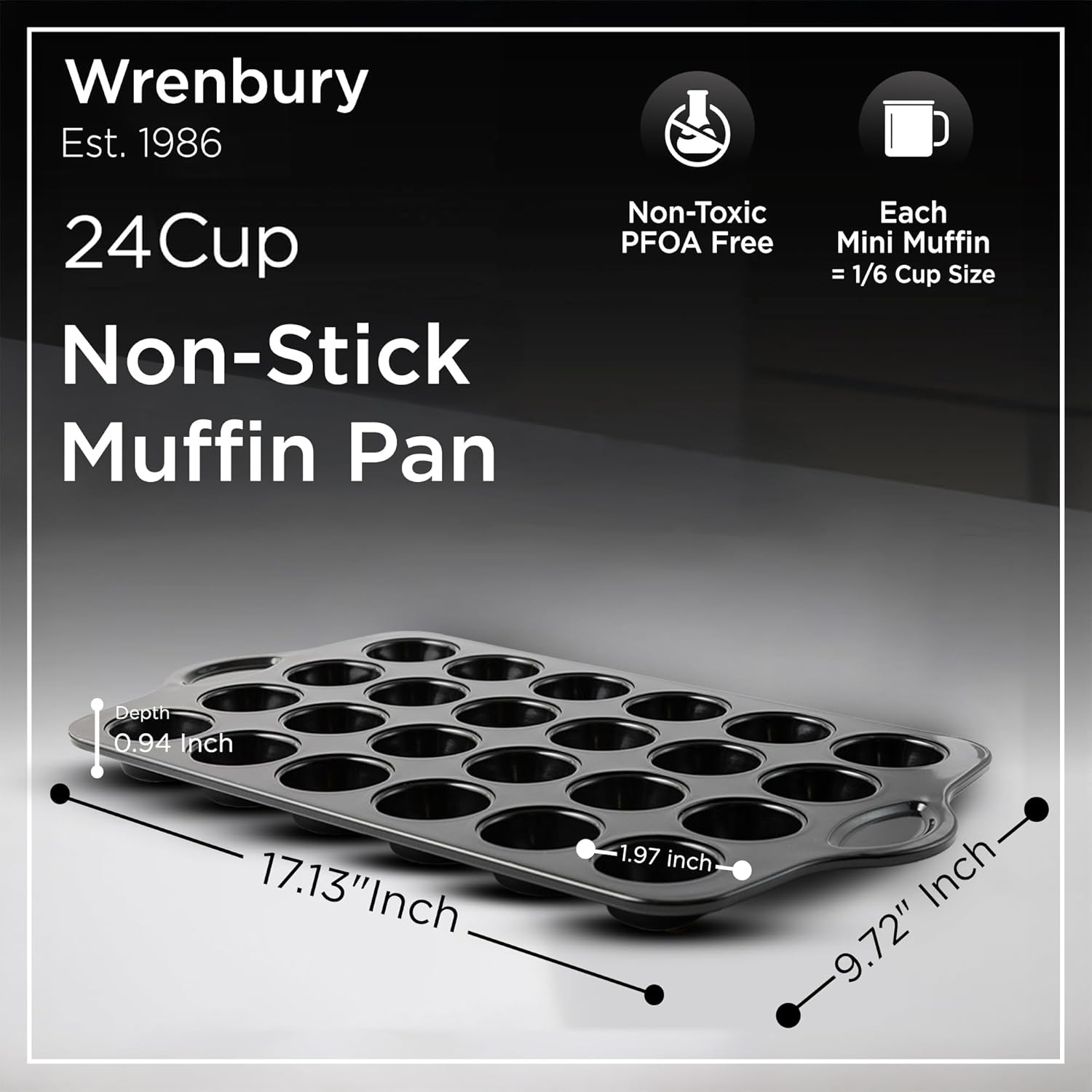 Wrenbury Mini Muffin Pan Non Toxic Set of 2 - Non Stick 24 Cup Small Cupcake Tray for Baking Joyful Bites - Dishwasher Friendly - Health Conscious Baking - 1.8" Cup