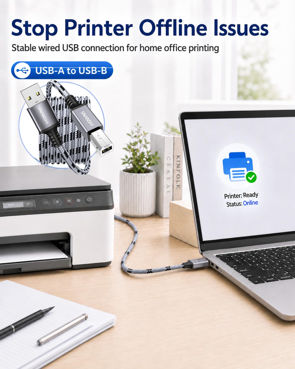 SNANSHI Cavo USB per stampante, 1,8 m, in nylon intrecciato ad alta velocità, USB 2.0 tipo A maschio a B maschio, cavo per stampante HP, Canon, Brother, Epson, cavo MIDI per interfaccia audio