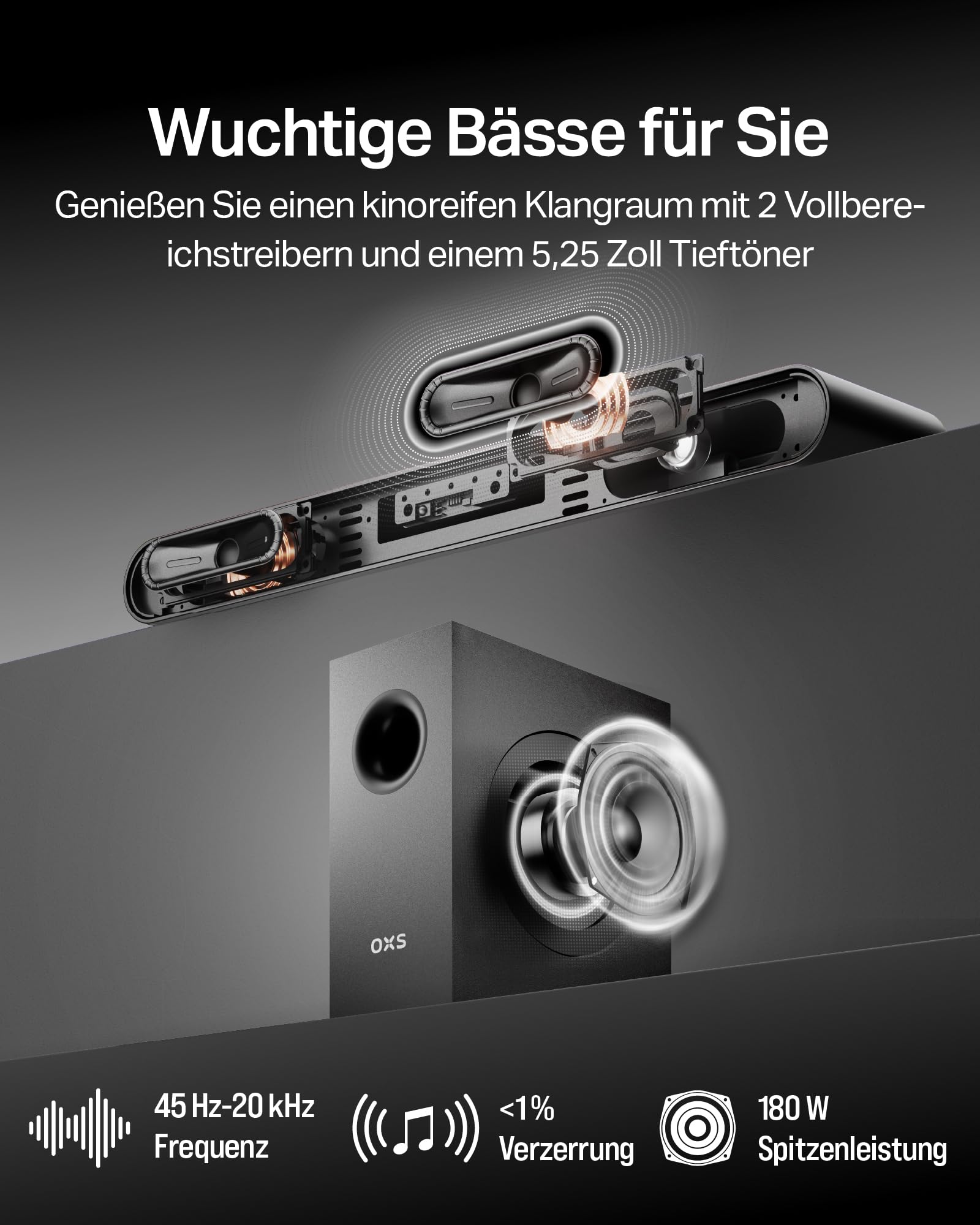 OXS S21 2.1-Kanal Soundbar mit Subwoofer, Präzisionssound mit tiefen Bässen, 180 W Leistung, 3 EQ-Modi, für Heimkino/Musik/Spiel, für TV, PC, Xbox, PS4/5, Telefon, Ultrakompakt, Einfache Einrichtung