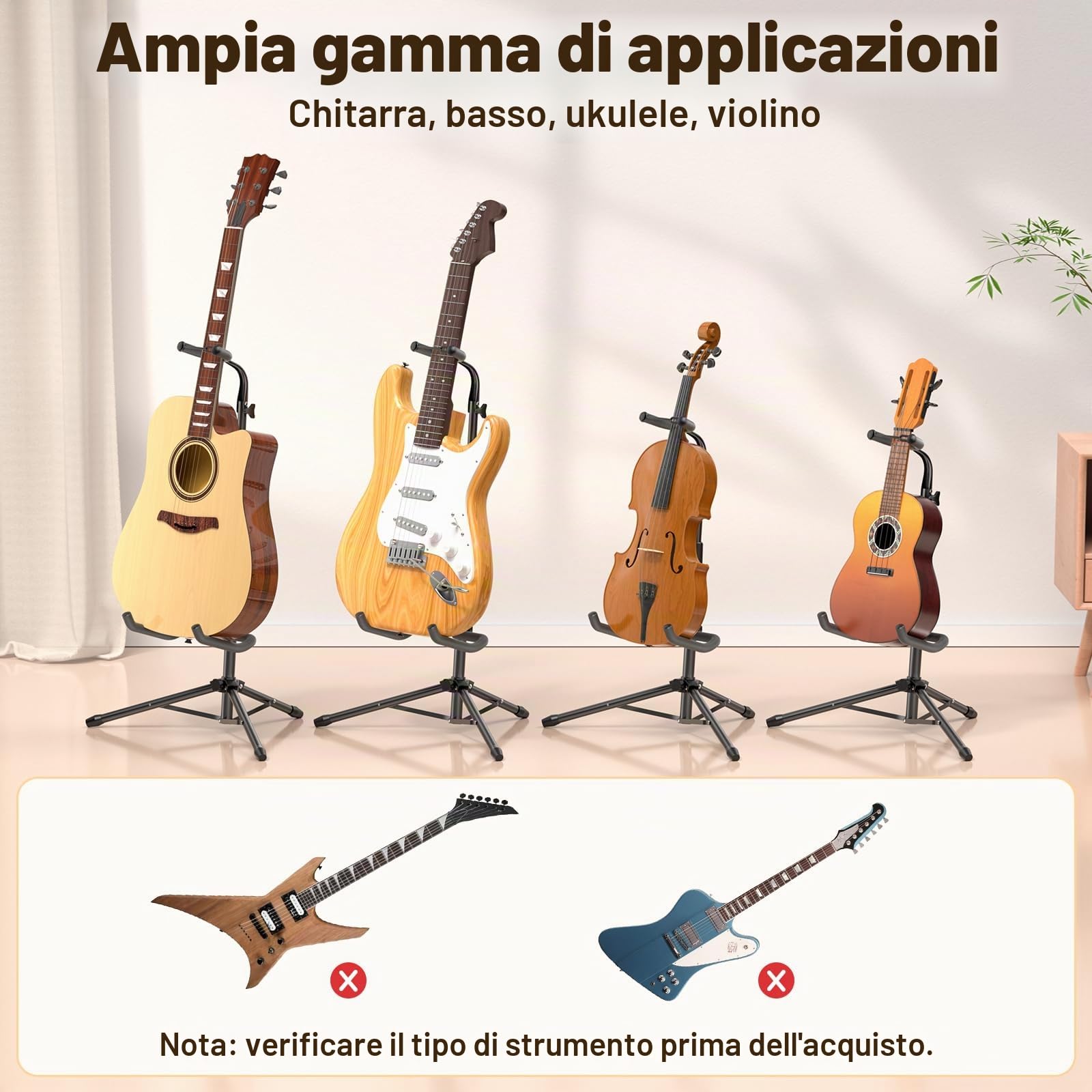 New Bee Porta Chitarra da Terra Pieghevole Regolabile Supporto Chitarra 80-93CM Stand Shitarra con Chitarra Elettrica, Chitarra Acustica, Basso, Liuto, Ukulele (1 Pezzi)