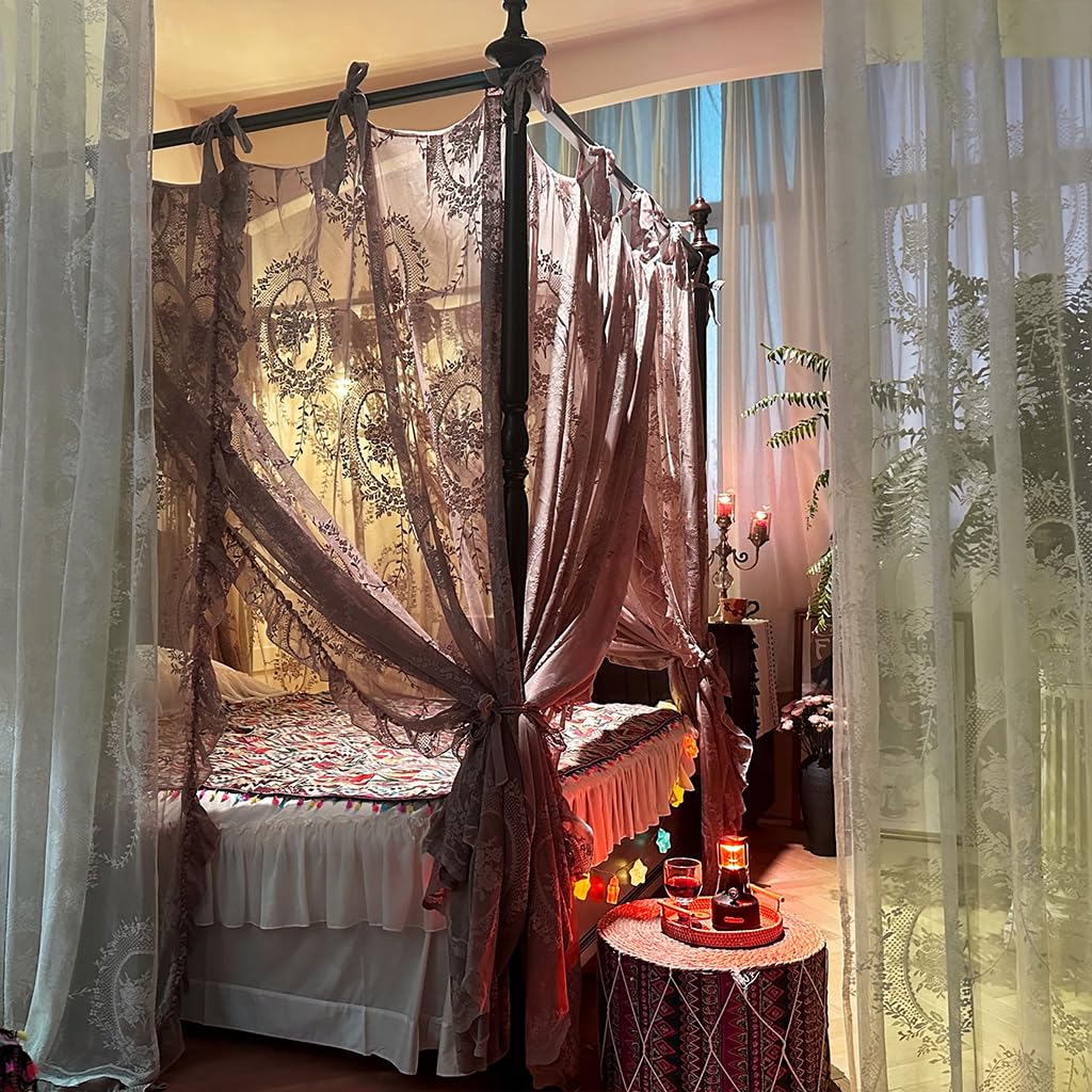 Elegante Spitze Prinzessin 4 Eckpfosten Moskitonetz Romantisch für Mädchen Frauen Bettvorhang Baldachin für Erwachsene Hochzeit Schlafzimmer Kinderzimmer Dekoration (Kaffee-2, Queen)