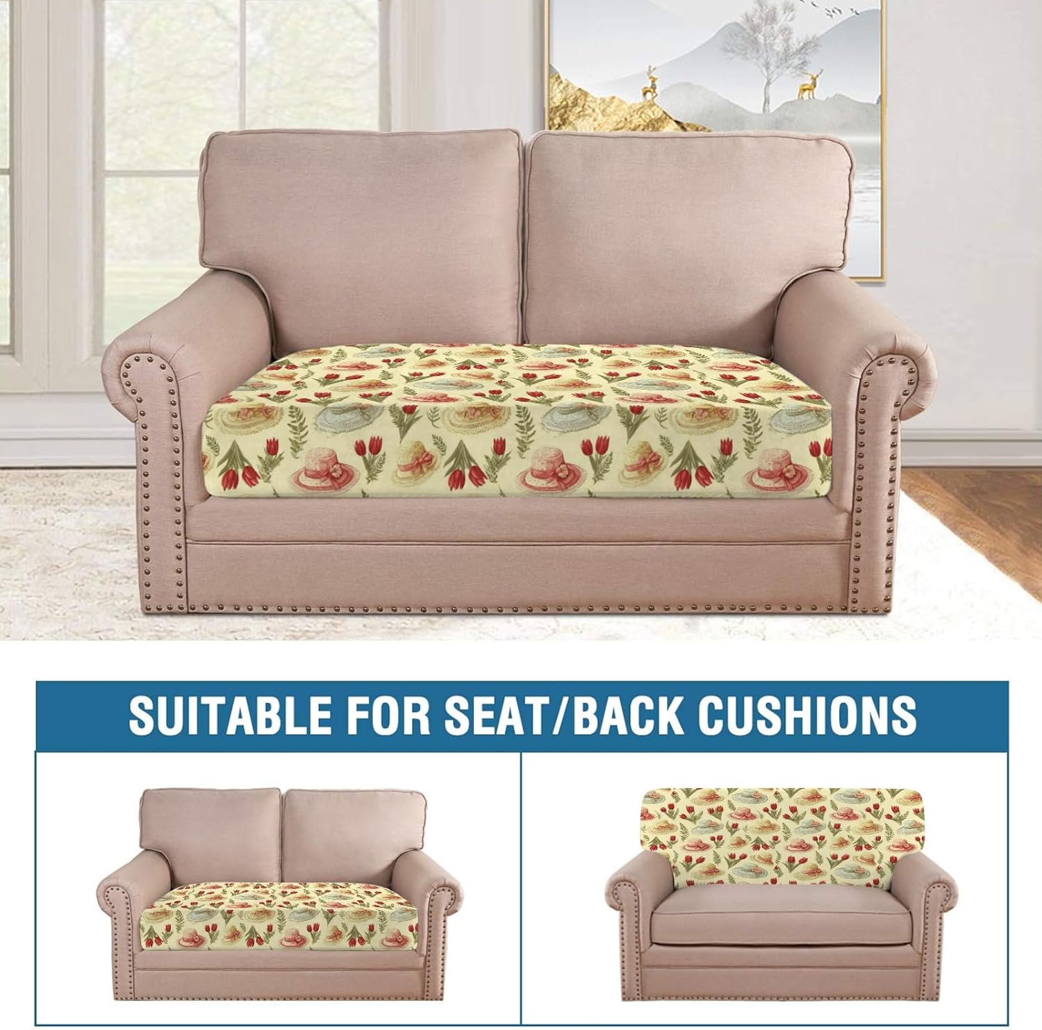 Fern Tulip Art Yellow Loveseat Covers Couch Covers for 2 Cushion Couch, 2-Piece Stretch Sofa Slipcovers Anti-Slip Washable Furniture Protectors for Dogs Pets