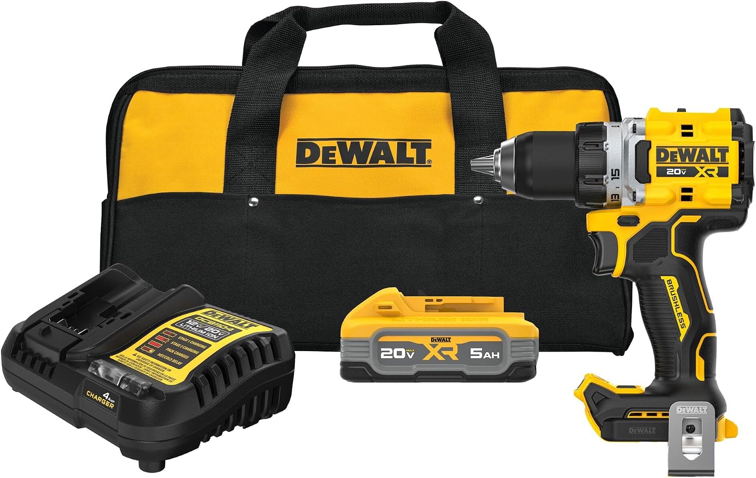 DEWALT Drill Set 20V MAX XR, 1/2 in. Brushless Cordless Drill Driver Kit With 5AH POWERSTACK Battery and Charger, LED Light, Dual Speed (DCD801H1)