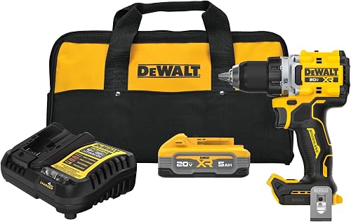 Drill Set 20V MAX XR, 1/2 in. Brushless Cordless Drill Driver Kit With 5AH POWERSTACK Battery and Charger, LED Light, Dual Speed (DCD801H1)