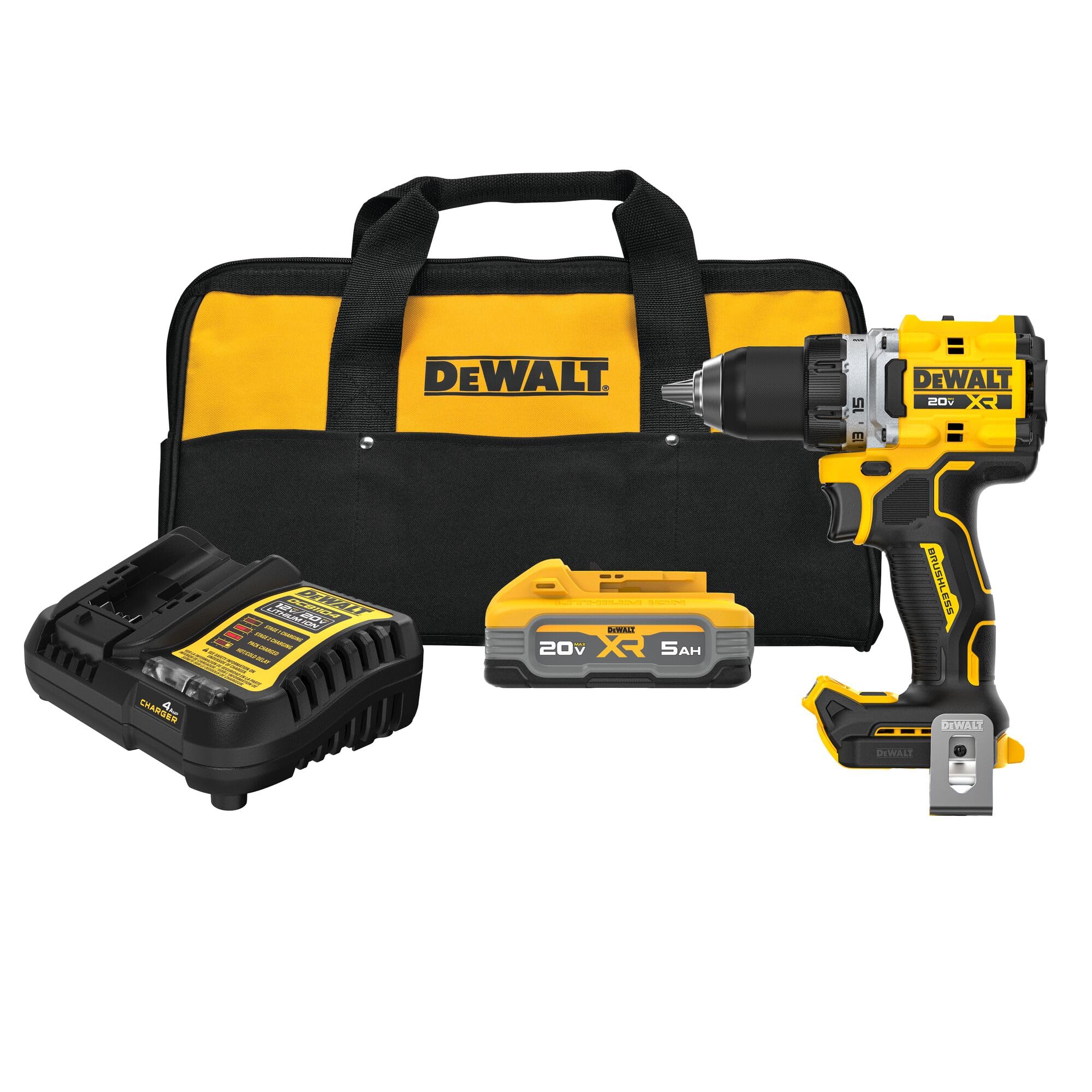 Drill Set 20V MAX XR, 1/2 in. Brushless Cordless Drill Driver Kit With 5AH POWERSTACK Battery and Charger, LED Light, Dual Speed (DCD801H1)