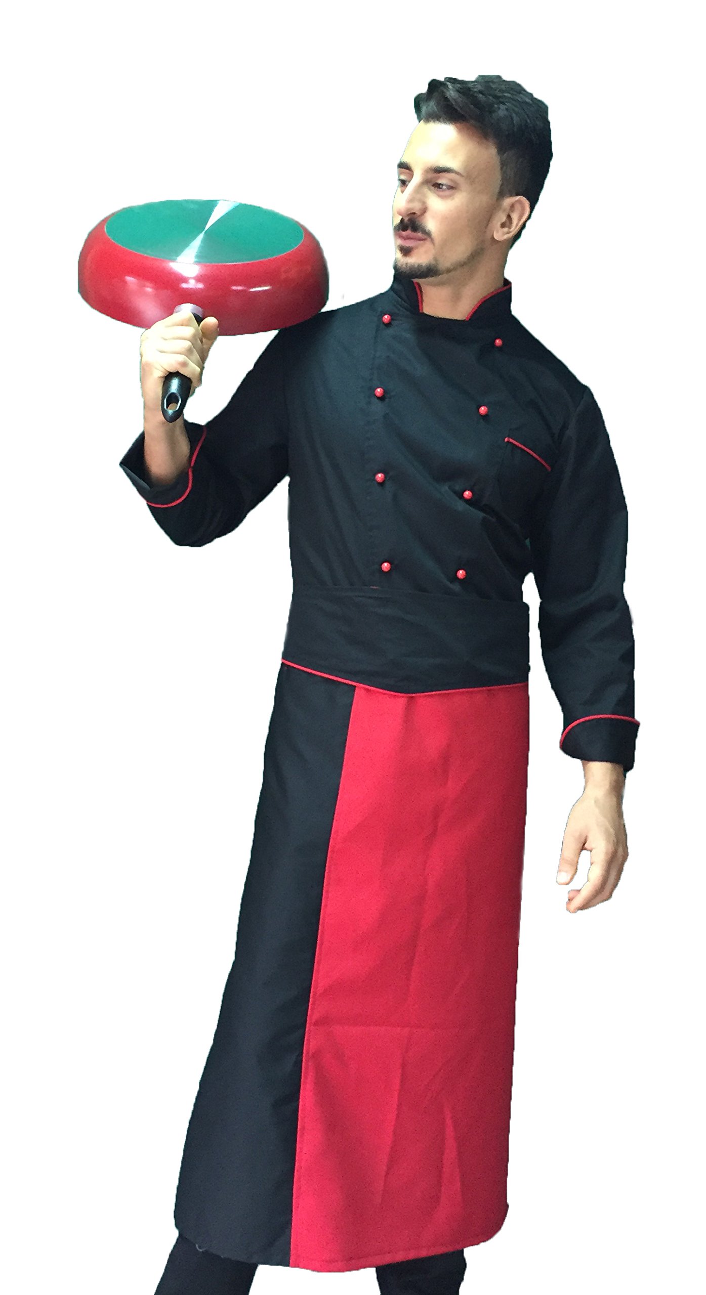 tessile astorino Ricamo Gratuito - Completo Cuoco Uomo - Divisa Chef - Nero e Rosso - Giacca, Pantaloni e Grembiule - 100% Cotone - Uniforme per Cucina e Ristorante (XS)