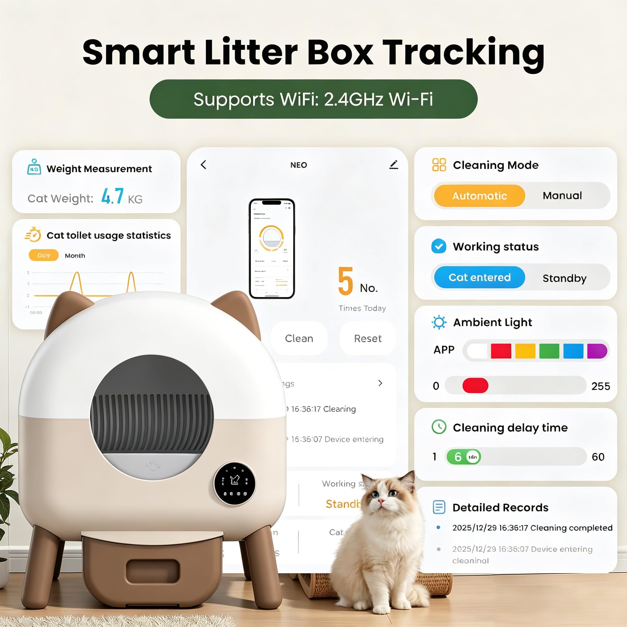 Lettiera Gatto Autopulente XXL, 79L Grande Capacità Lettiera Gatto Chiusa, Sensori di Sicurezza, 6 Luci, Eliminazione Odori, Controllo App,Silenziosa,Facile da Pulire,Lettier Automatica per Più Gatti