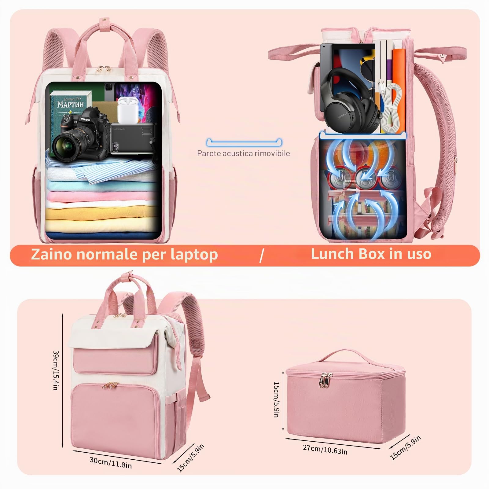 BERTASCHE Zaino per il pranzo, per laptop da donna da 15,6 pollici, con borsa termica isolata, zaino da lavoro 2 in 1, per donne, lavoro, lavoro, viaggi, insegnanti, scuola, università, Rosa/Beige