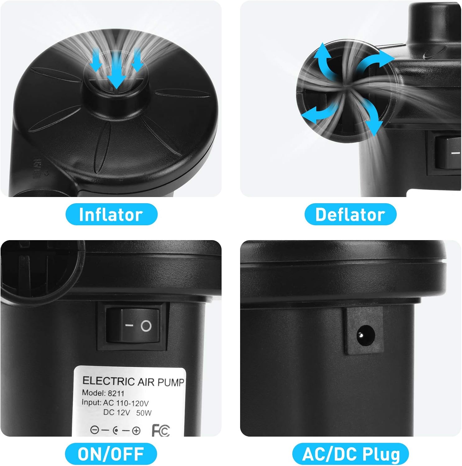 Electric Pump, Air Pump for Inflatables Air Mattress Pump with 3 Nozzles Inflator/Deflator Portable Quick Air Pump for Camping Inflatable Cushions, Air Mattress Bed, Air Sofa, Pool Toys AC/DC (50W) : Home & Kitchen