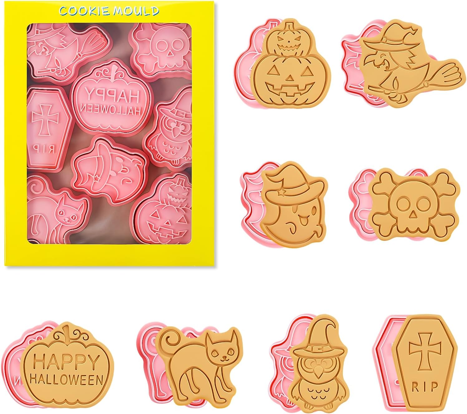 8pcs Halloween Cookie Cutters and Stamps Set, Plastic Cartoon Biscuit Molds, Cute Small Clay Playdough Cutters for Kids Party — Happy Halloween Pumpkin, Ghost, Coffin, Cat, Skull, Owl, Witch, Pink
