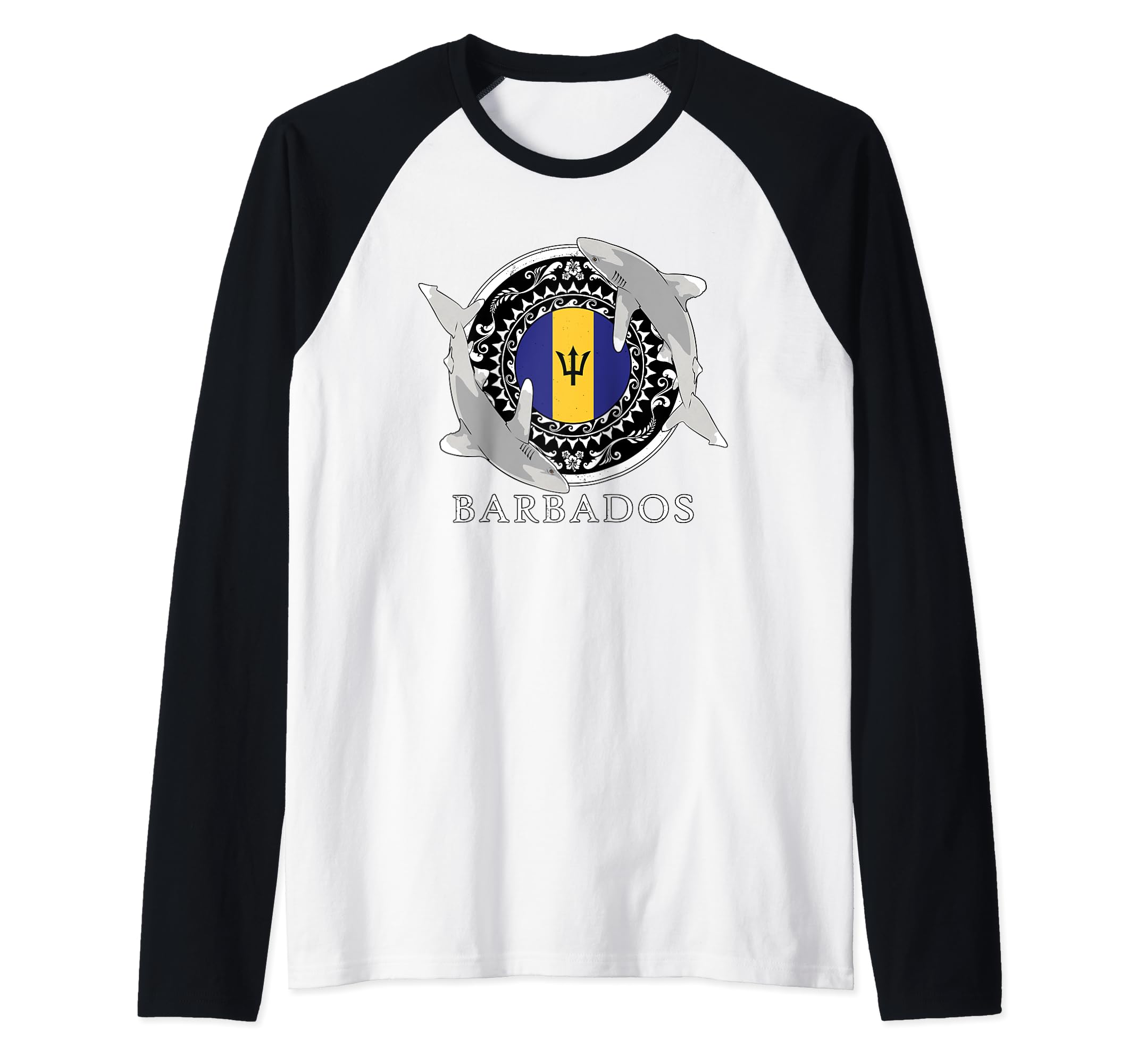 Oceanic Whitetip Shark Diving Flag of Barbados Raglan Baseball Tee