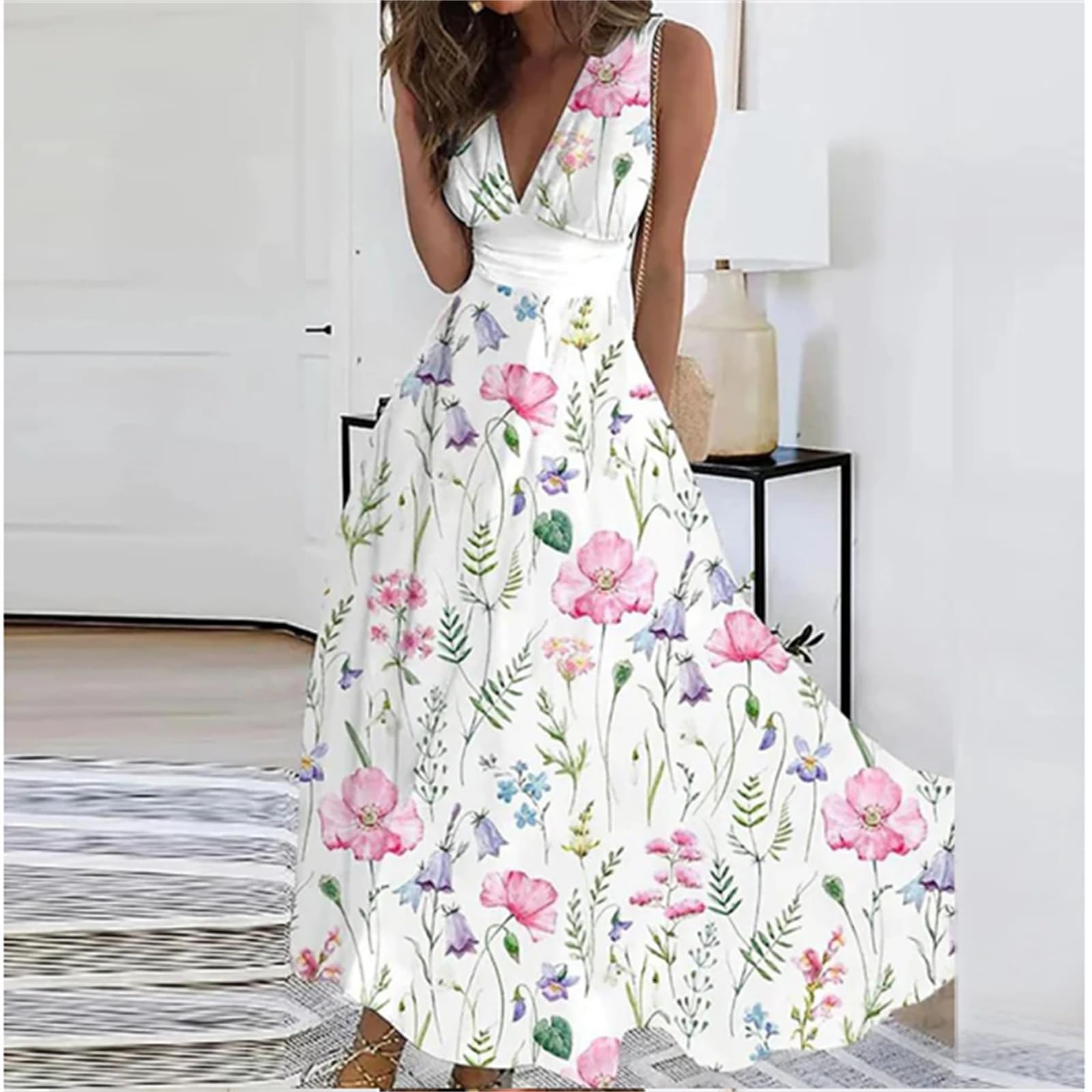 Abito a V Del Partito Swing Delle Donne Boho Floral Beach Dress Vacanze Abiti Estivi Plus Size Abbigliamento, HUTALIM, Verde, l