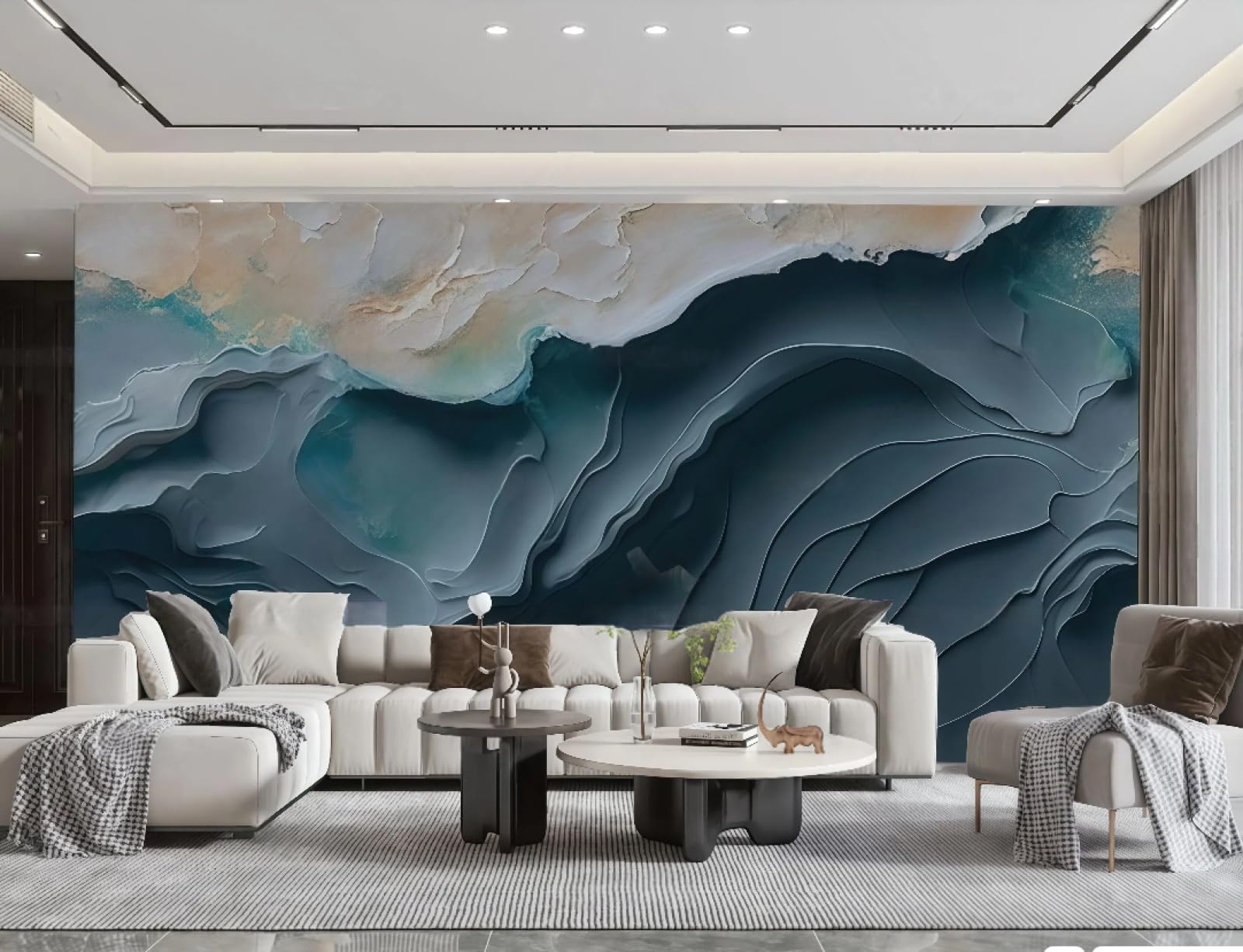Nowoczesna minimalistyczna trójwymiarowa tapeta ciemnoniebieska fala sztuka pejzaż salon sypialnia tło tapeta na ścianę hotel restauracja kawiarnia, 3D, 150 x 105 cm