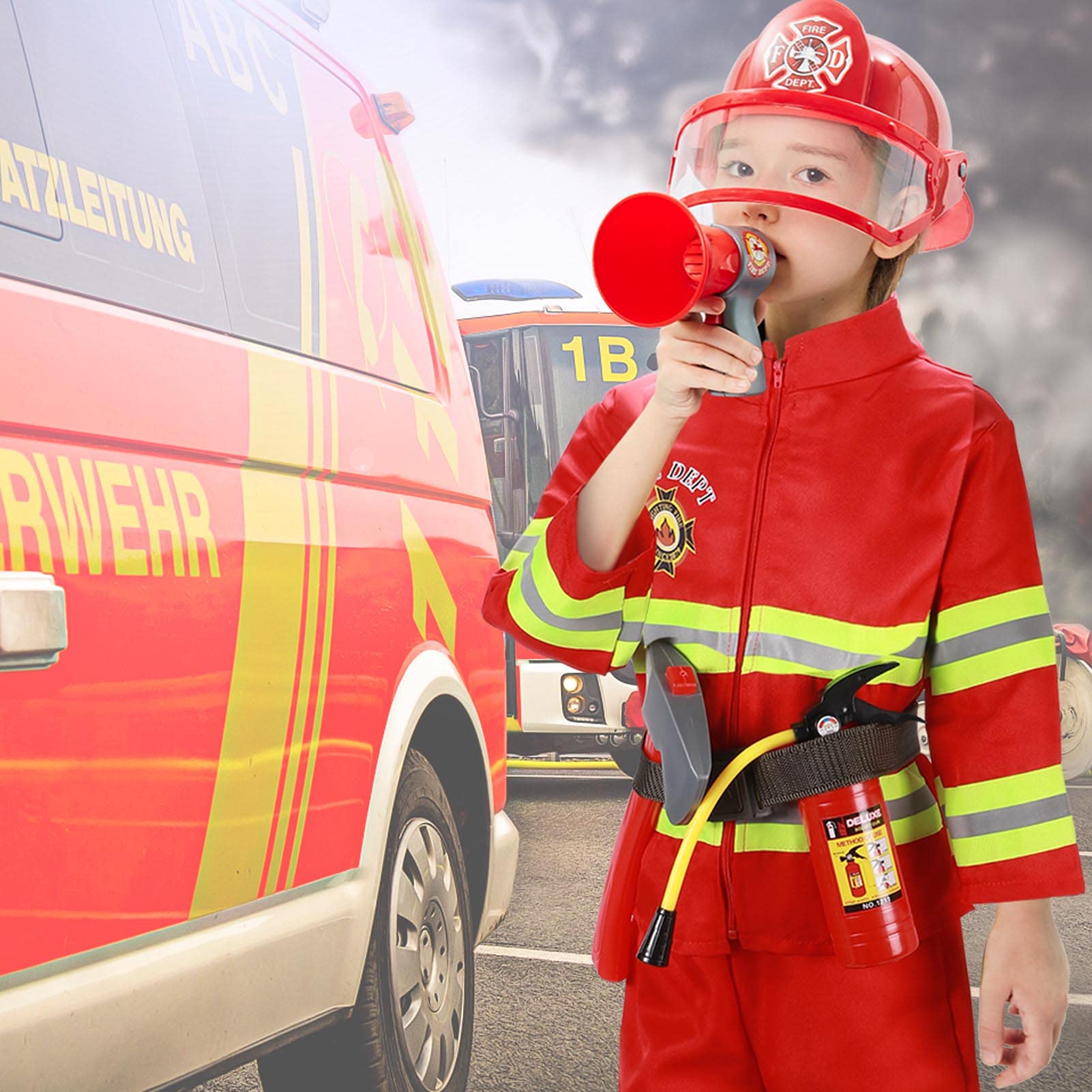 Tacobear Bombero Disfraz para Niños con Bomberos Juguete Extintor Juguete Bombero Accesorios Juegos de imitación Juego de roles para Niños Niñas Carnaval Halloween 3 4 5 6 7 8 9 Años