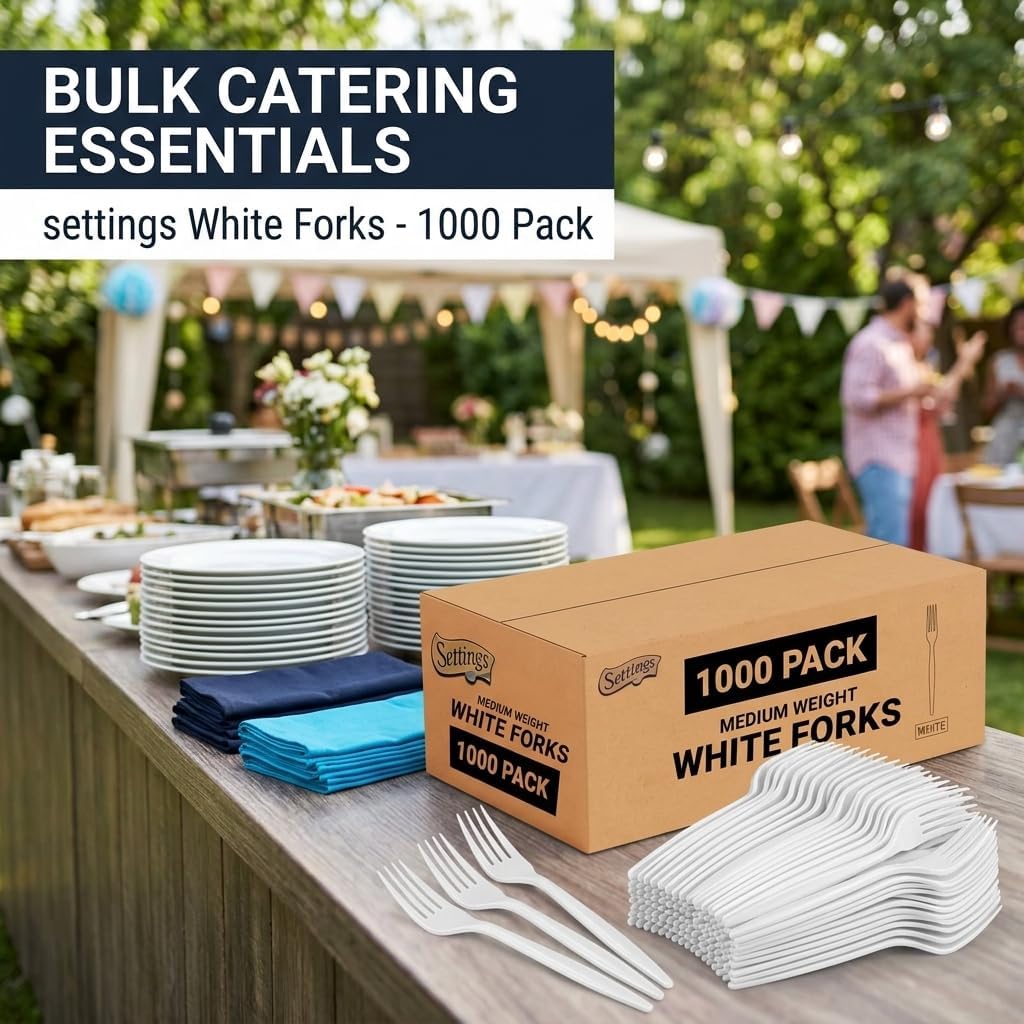 Settings White Plastic Forks, 1000 Count - Heavy-Duty Disposable Forks, BPA-Free Bulk Plastic Cutlery for Parties, Weddings, Catering & Everyday Use