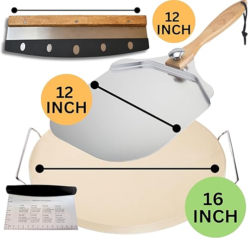 Miniatura 7 de Piedra redonda para pizza para horno de 16 pulgadas, piedra grande para pizza con asas, cáscara de pizza de metal, cortador de pizza y herramienta