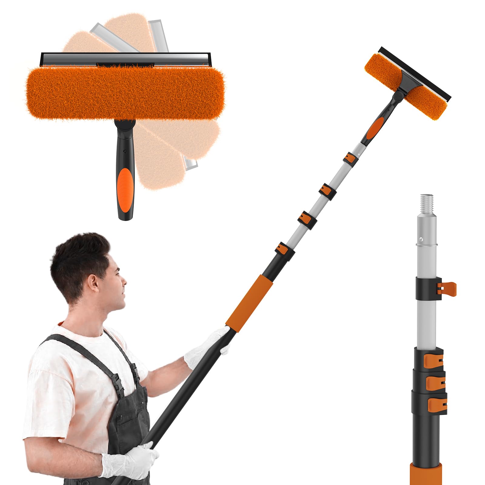 Sisupassie Orange 3.6M Telescopic Window Cleaner, Professional Window Cleaning Equipment With Extendable Window Cleaning Pole And 25Cm Window Squeegee, Long Reach Window Cleaner Tool For Outdoor/Indoor Use