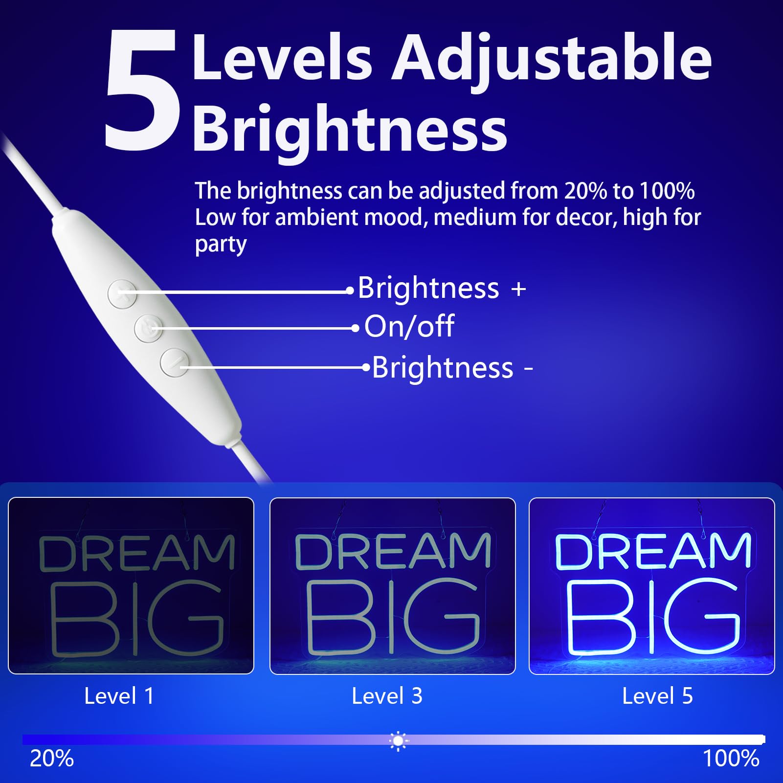 Dream Big Neonschild, LED-Leuchtschild für Wanddekoration, Traum-Neonschild für Wohnzimmer, Schlafzimmer, Gameroom, Kinderzimmer, Büro, 5 V USB-Stromversorgung, 38.1x25.4 cm (blau)