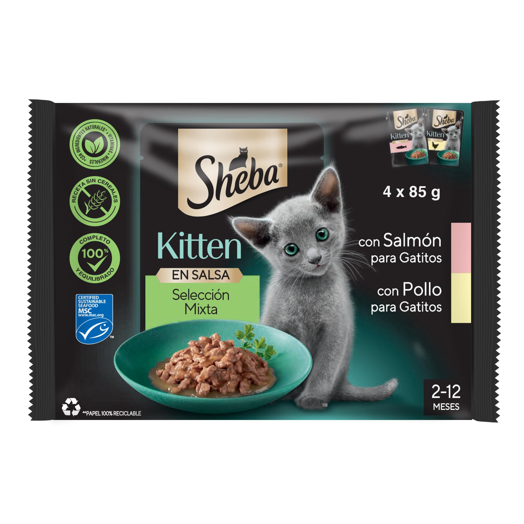 Sheba Kitten Pouch Selección Mixta con Salmón y Pollo, Multipack​ 12 x 4 x 85g