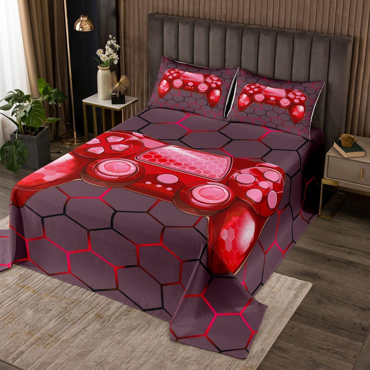 Castle Fairy Video Games Quilt Sets Twin Size,Red Gamepad Bedspread Coverlet 2Pcs for Kids Girls Boys Room Decor,Neon Honeycomb Hexagon Quilts Set Cool Modern Bedding Comforter,1 Pillowcase