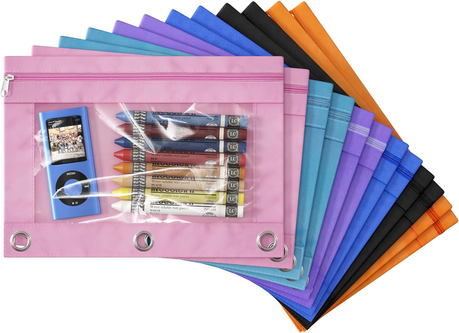 3 Ring Binder Pencil Pouches, Zippered Clear Window Pencil Case for Binder with Rivet Enforced Hole 3 Ring, 12 Packs (12)