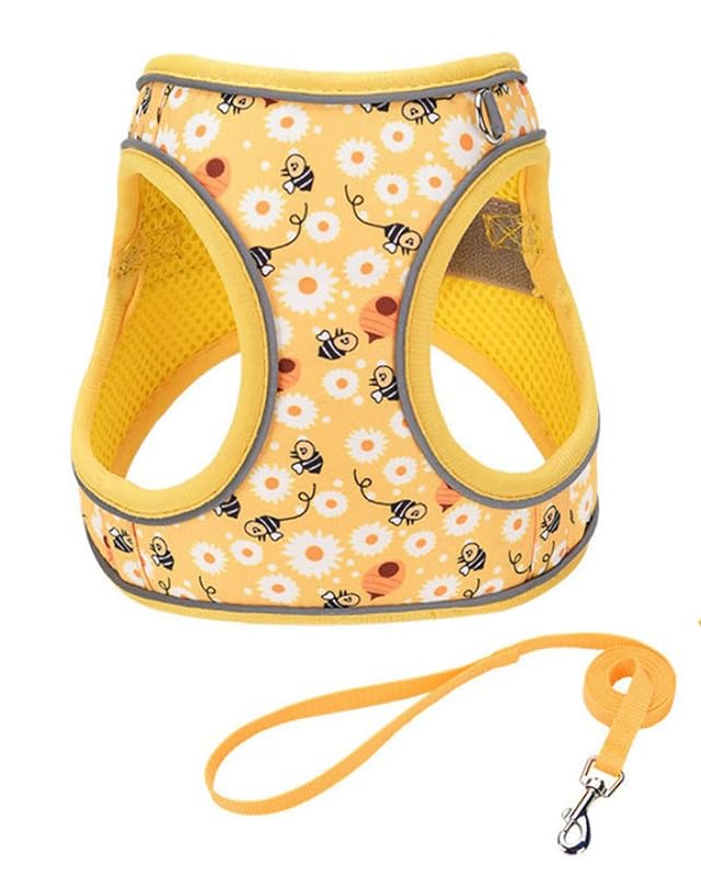 Peitoral com Guia para Gatos e Cães JUFOO em Nylon com Estampa Floral Amarela, XXS