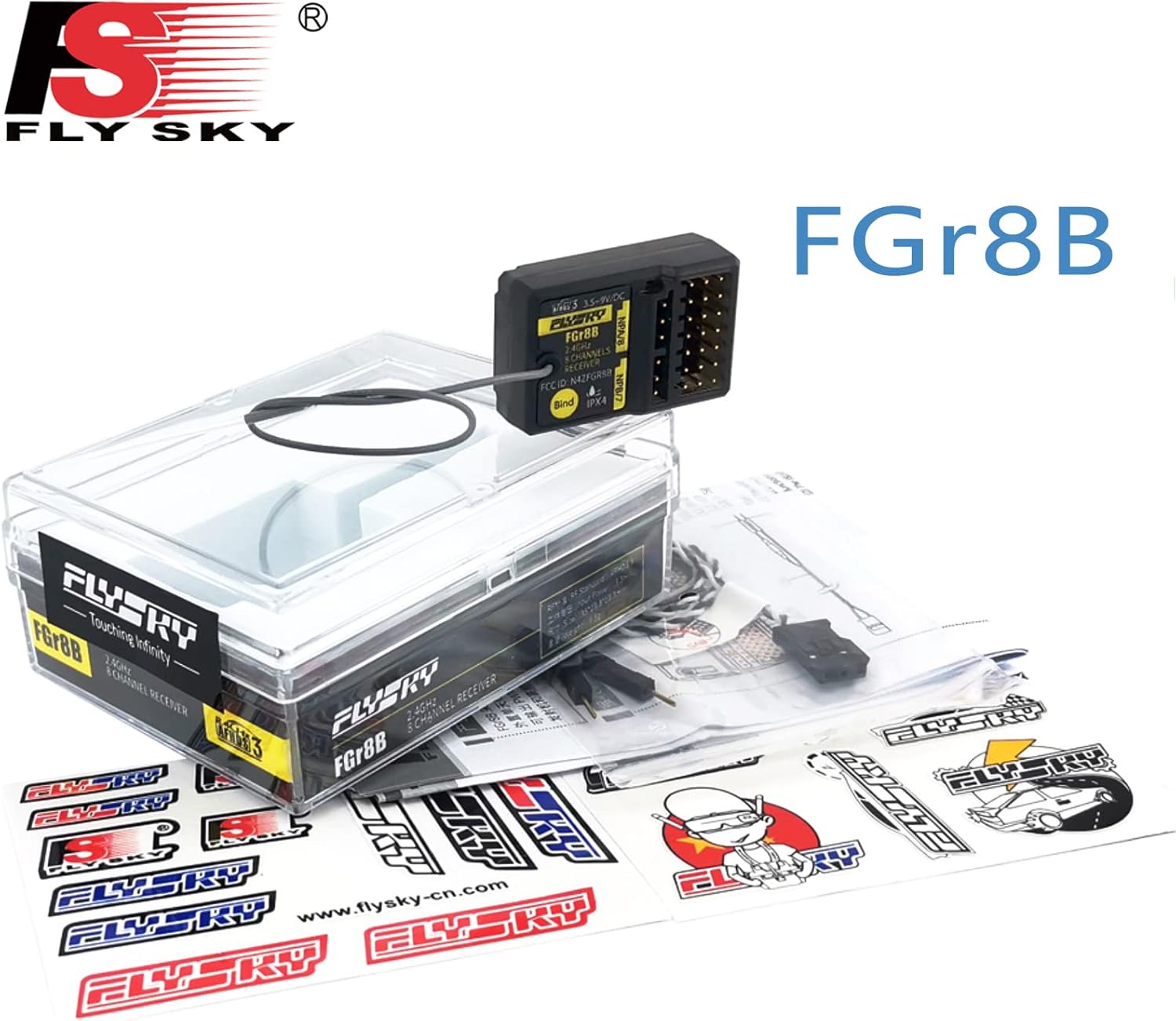 Flysky FGr8B receiver with dimensions labeled