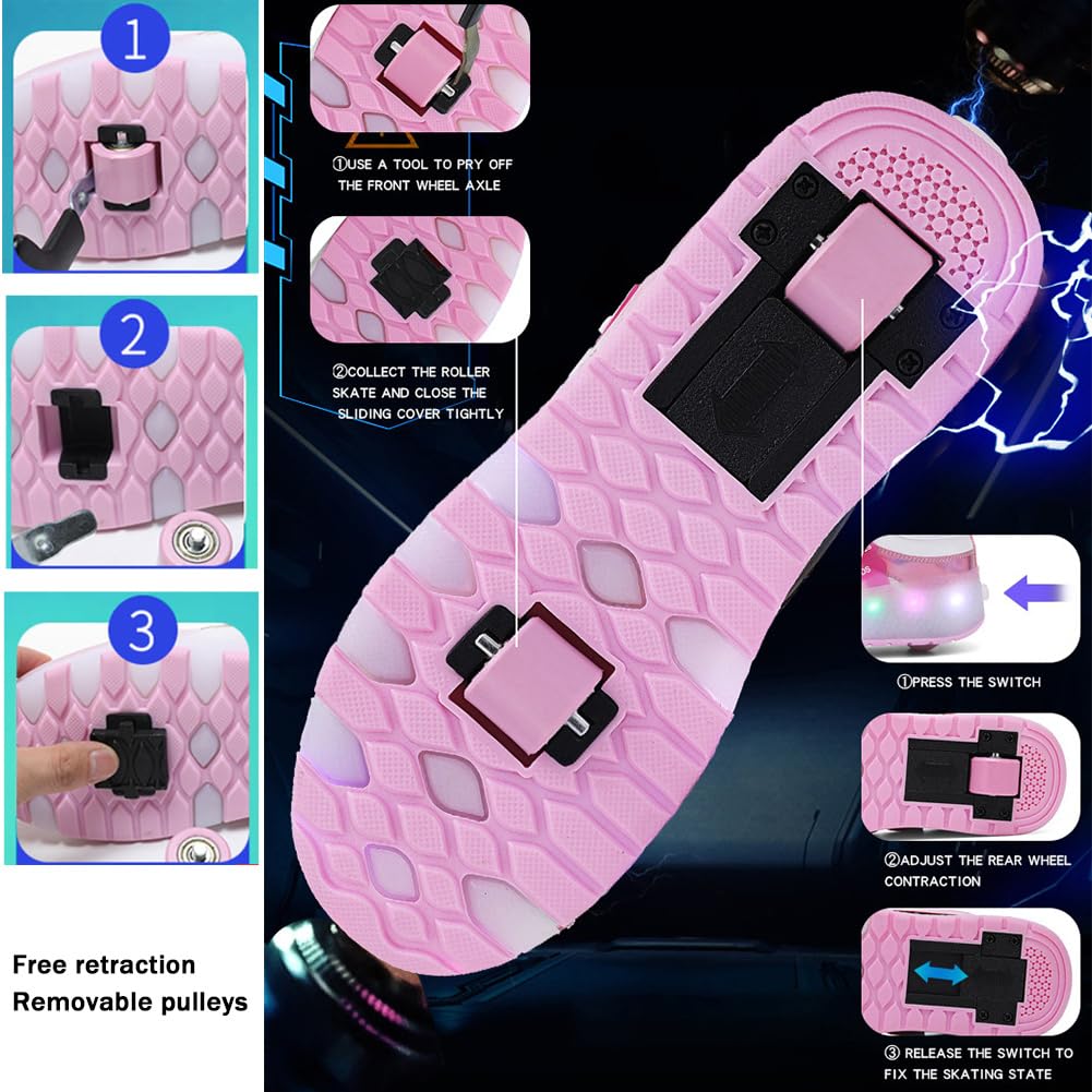Fansu Zapatillas con 2 Ruedas Niña, Zapatos Patines con Ruedas Luces LED Coloridos Parpadeante 2 en 1, Niño Carga con USB Calzado de Skateboarding al Aire Libre 30-40 EU