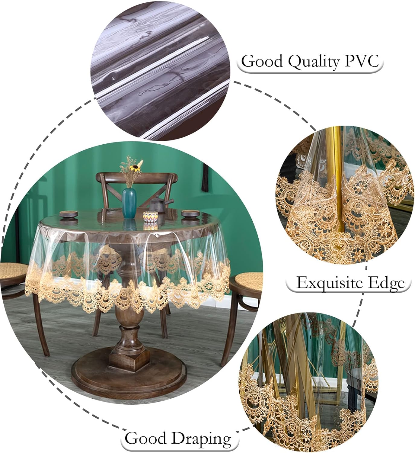 Jeloris Plastic Clear Round Tablecloth Vinyl PVC Waterproof Tablecloth Embroidered Lace Edge Transparent Table Cover for Kitchen Dining Coffee Table (Round 60 inch, Brown)