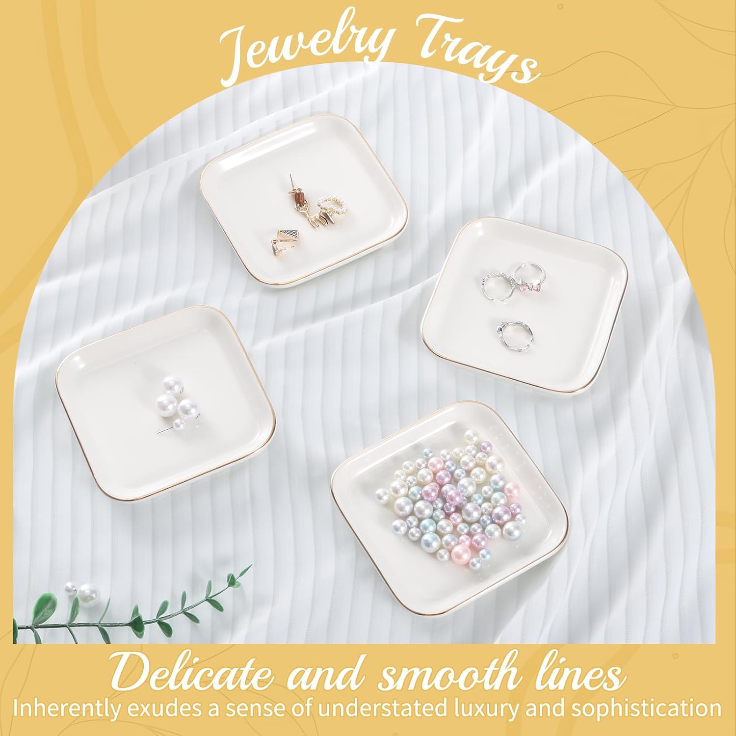 12 Pack Ceramic Jewelry Trays, 4.53 Inch Square Jewelry Dish with Gold Rim, Small Ring Dish Holder for Dresser Vanity, Stackable Decorative Tray, Earring Organizer for Display