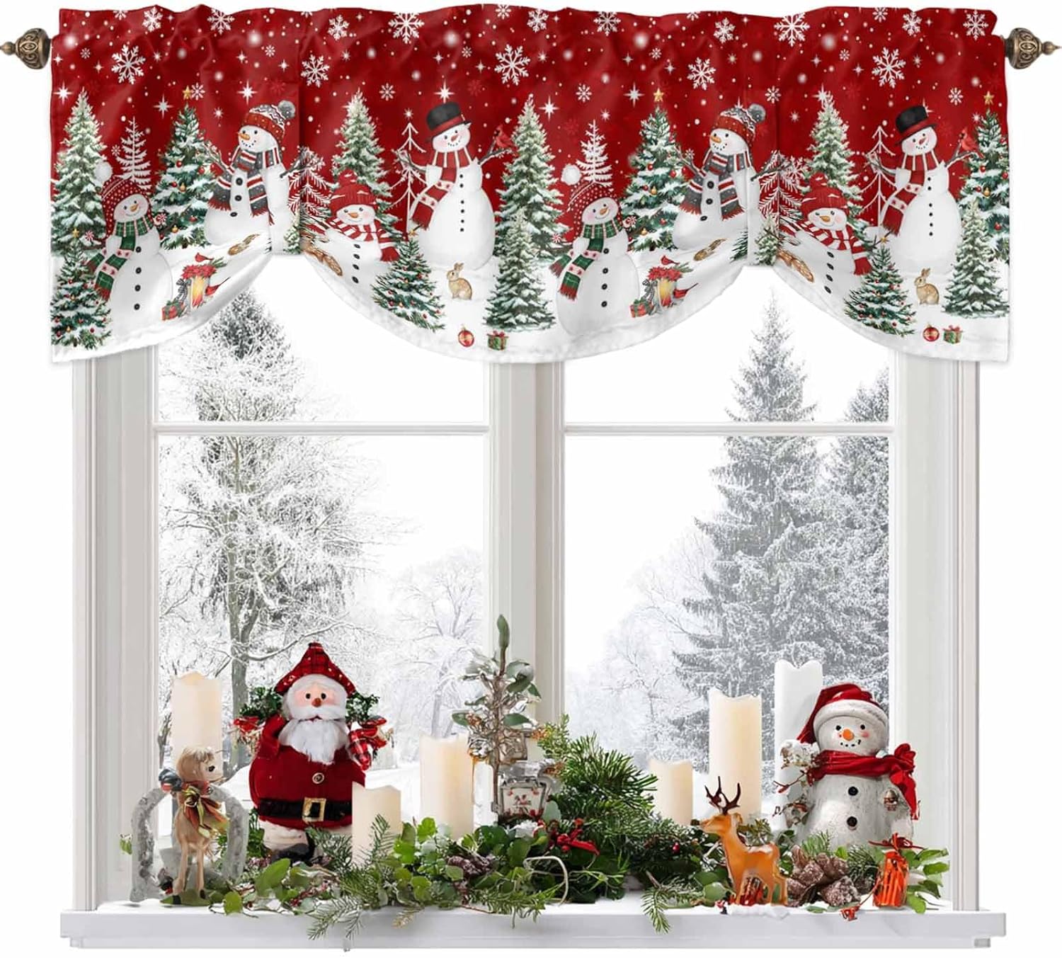 Red Christmas Tie Up Valances for Windows, Snowman Snowflake Kitchen Curtains Set Window Treatments, Winter Xmas Tree Rod Pocket Curtains for Kitchen/Living Room/Home 60x18 Inch