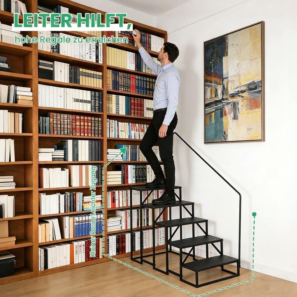 GarveeTech Sichere Wohnmobil-Treppe – rutschfest, 300 kg Tragkraft, robuster Stahl – Breite Stufen, tragbar für Wohnwagen, Bad, Pool, Haustiere – Gelb/Schwarz – 5-stufig mit Einhand-Handlauf, Tape