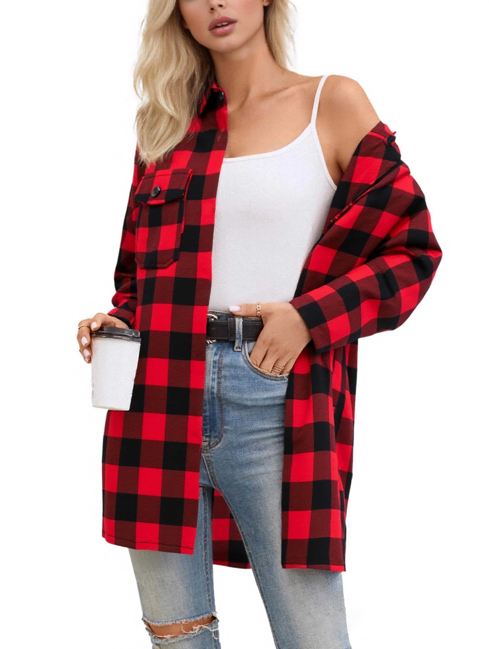SANGTREE Women and Girls Oversized Flannel Plaid Shirt Mid-Length Casual Button Down Shirt with Pockets