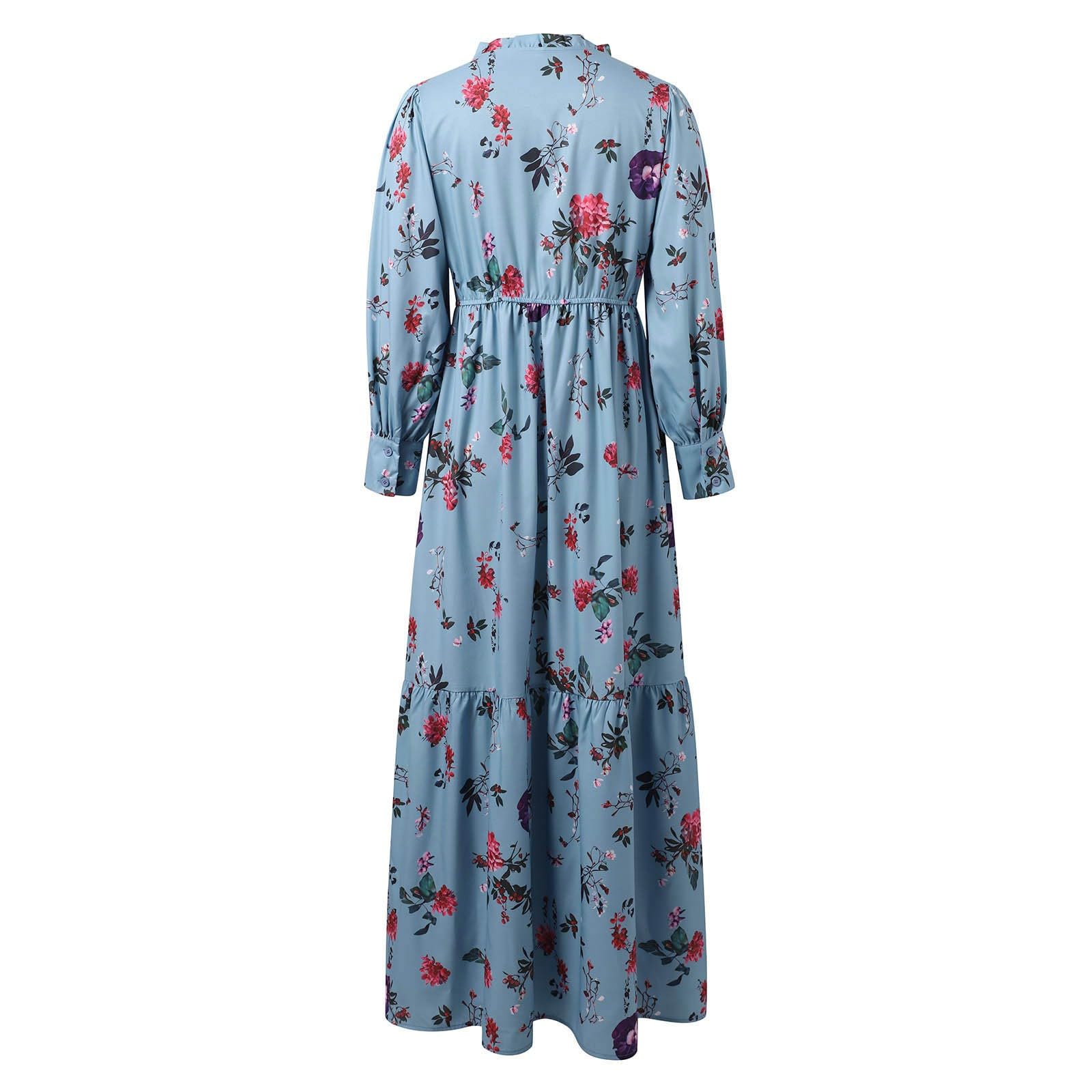 Robe Longue Femme À Fleurs, Robe Manche Longue Femme Sexy Col en V Retro Décontractée Traditionelle Coupe Ample Fluide Confortable Costume Festival Vêtements Party Déguisement Quotidien
