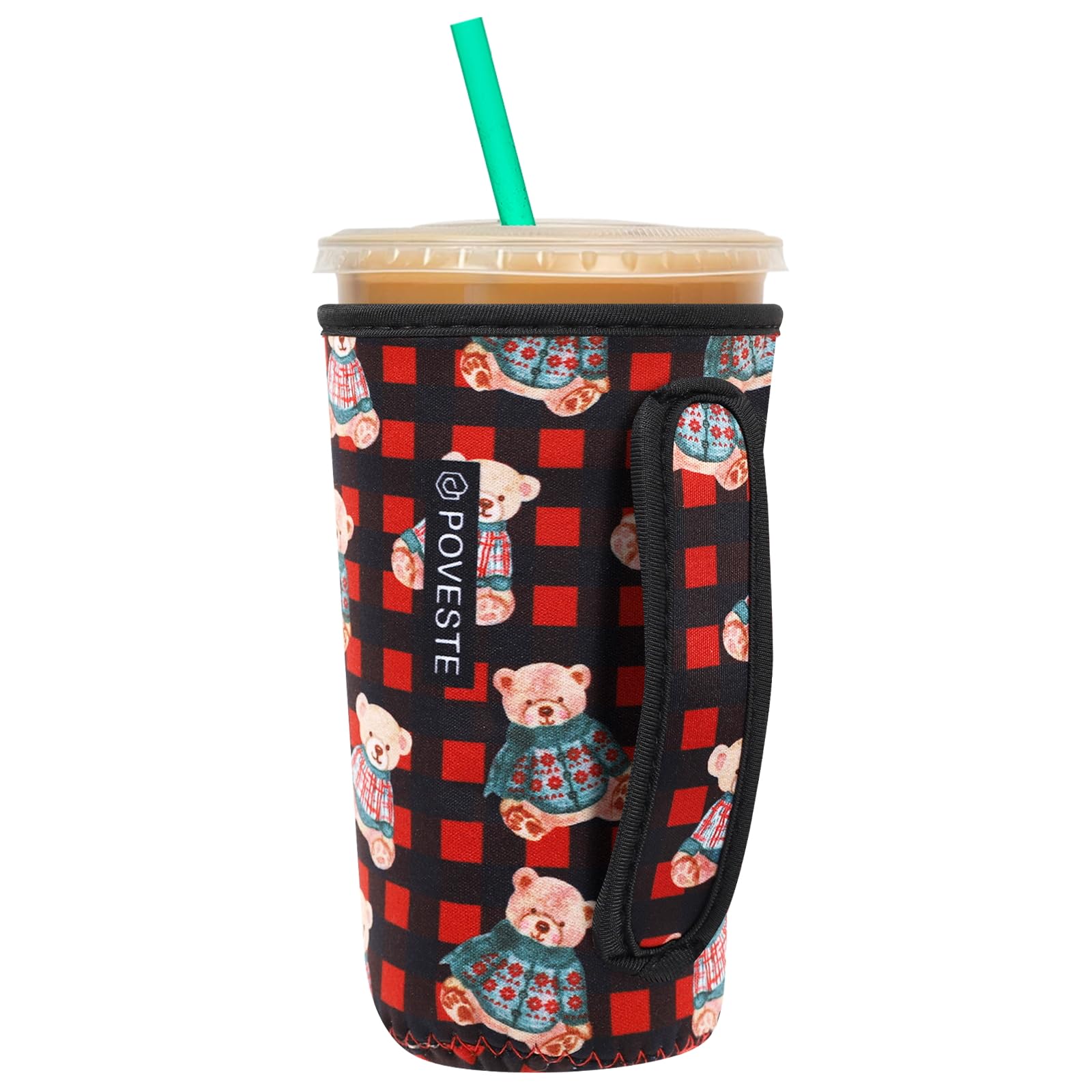 Reusable Neoprene Insulator Sleeve for Iced Coffee &amp; Cold Soda, Coffee Sleeves for Iced &amp; Hot Drinks, Cold Beverage Cooler Compatible with Starbucks, Dunkin (Plaid Bear, Large: 32oz)