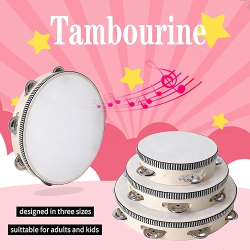 Miniatura 8 de Pandereta para niños de 6 pulgadas, tambor pequeño de mano con cascabeles de metal, instrumento musical de percusión para juegos de fiesta,