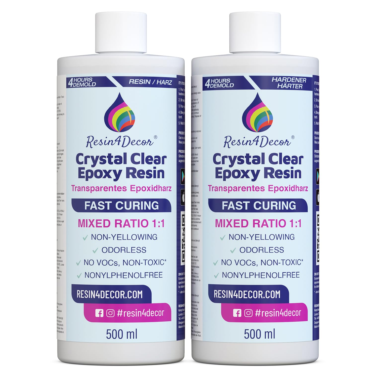 Epoxy Resin Fast Curing (4h Demold) RESIN4DECOR 1:1 Casting Crystal Clear Resin & Hardener for Arts Crafts Jewelry Making Non-Yellowing Non-Toxic High-Gloss Finish Odorless Heat Resistant - 1000ml