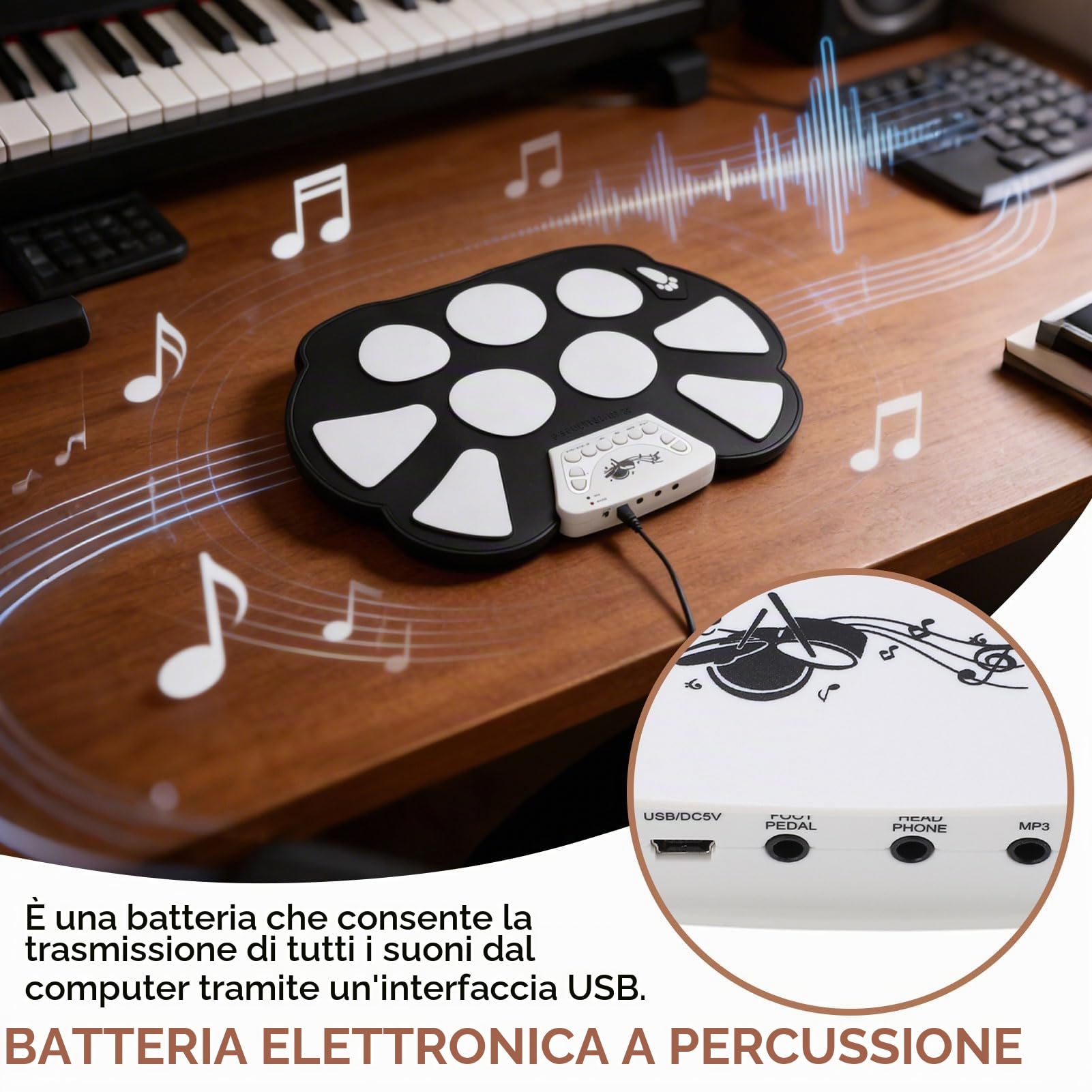 Batteria Elettronica, Batteria Arrotolabile Batteria Elettrica Portatile a 9 Pad con Bastoncini e Pedale e Cavo USB per Bambini, Studenti, Principianti, Appassionati