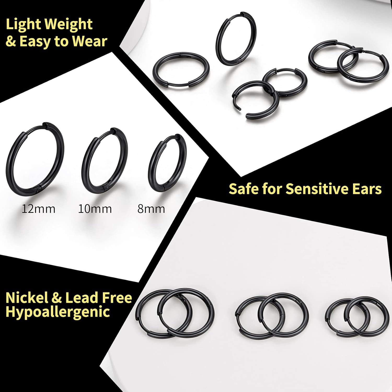ChainsHouse Hypoallergenic Surgical Stainless Steel Hoop Earrings Set, 18K Gold/Black Metal Plated 7mm/8mm/9mm/12mm 3 Pairs Nickel Free Huggie Hoop Earrings for Women Men, with Gift Box