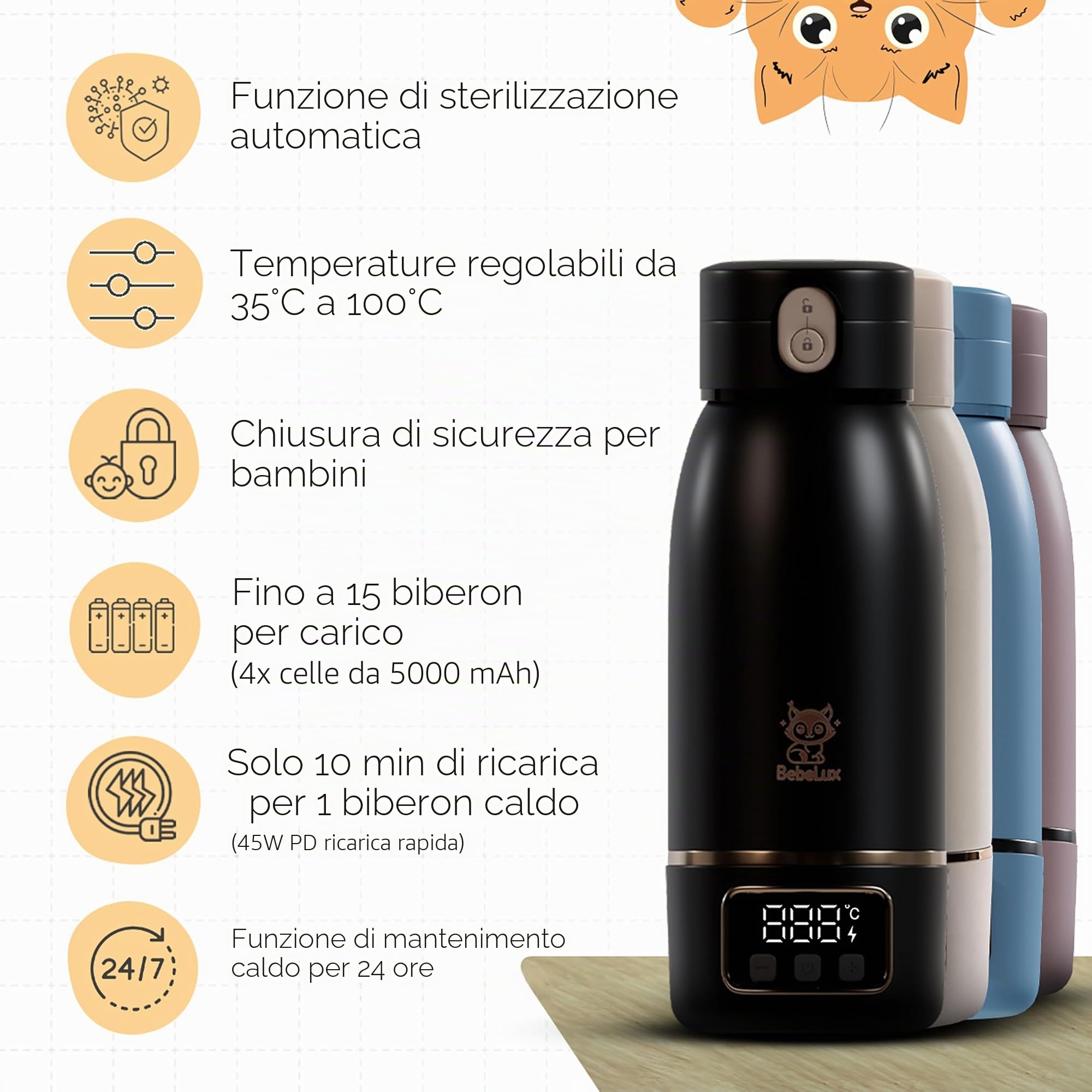 BEBELUX BebeWarm V2 - Set scaldabiberon Lux Mommy Kit | Temperatura perfetta in due minuti, fino a 500 ml, batteria, USB-C, set di accessori, beige