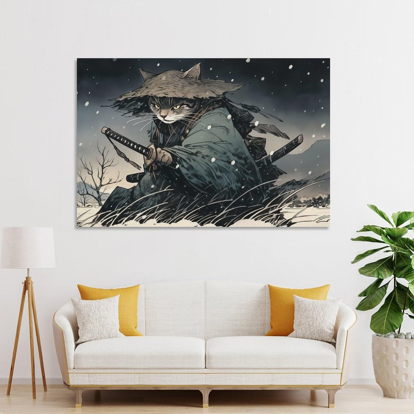 Junmoney Unframe-Style-20-1 Samurai Cat Wall Picture Print, 20X30inch(50X75cm), For New Homes, Bedrooms Or Workspaces, Thoughtful Wall Decor For Art Lovers