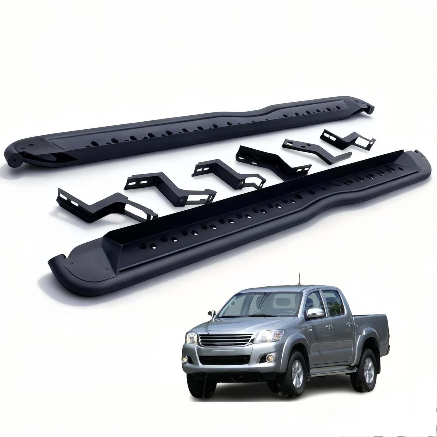 Running Boards Compatible with Toyota Hilux 2015-2023, BlackSide Step Bars Aluminum Alloy Anti-Slip Non-Destructive Installation