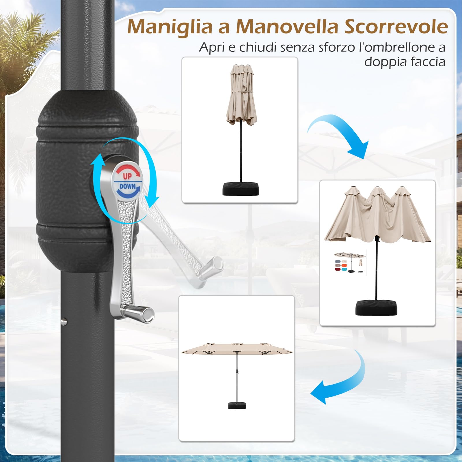 COSTWAY Ombrelloneda Giardino Doppio 400 x 200 cm, Ombrellone Rettangolare con Base, Anti-UV, con Manovella e 12 Stecche, per Giardino Piscina Patio (Beige)