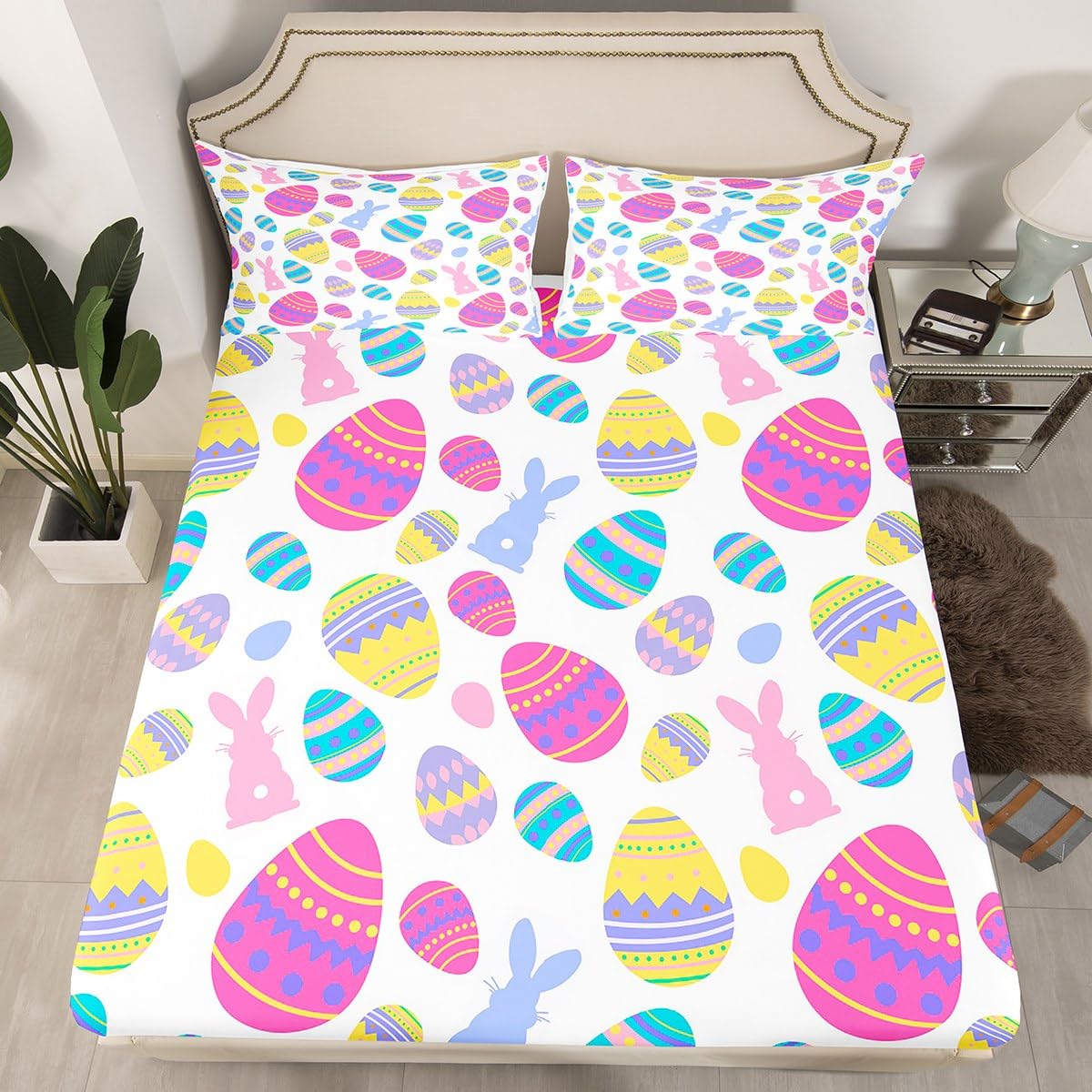 Erosebridal Easter Eggs Twin Size Bed Sheets, Happy Easter Fitted Sheet for Kids Girls Teen Adult Women Bedroom, Rabbit Bunnies Bedding Set Cartoon Animal Easter Decorations for Home,Colorful